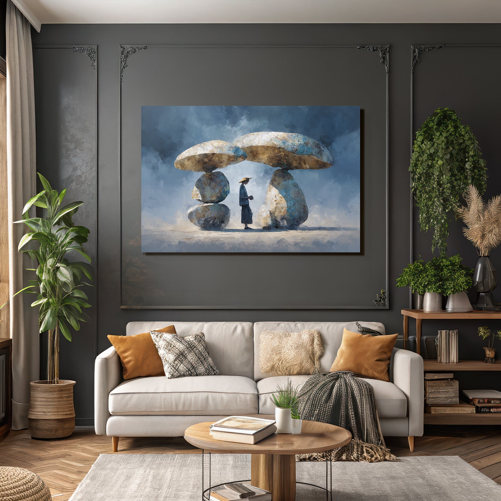 Fantastisch Surreal Traumhafte Landschaft Mit Pilzfelsen Und Strohhutfigur