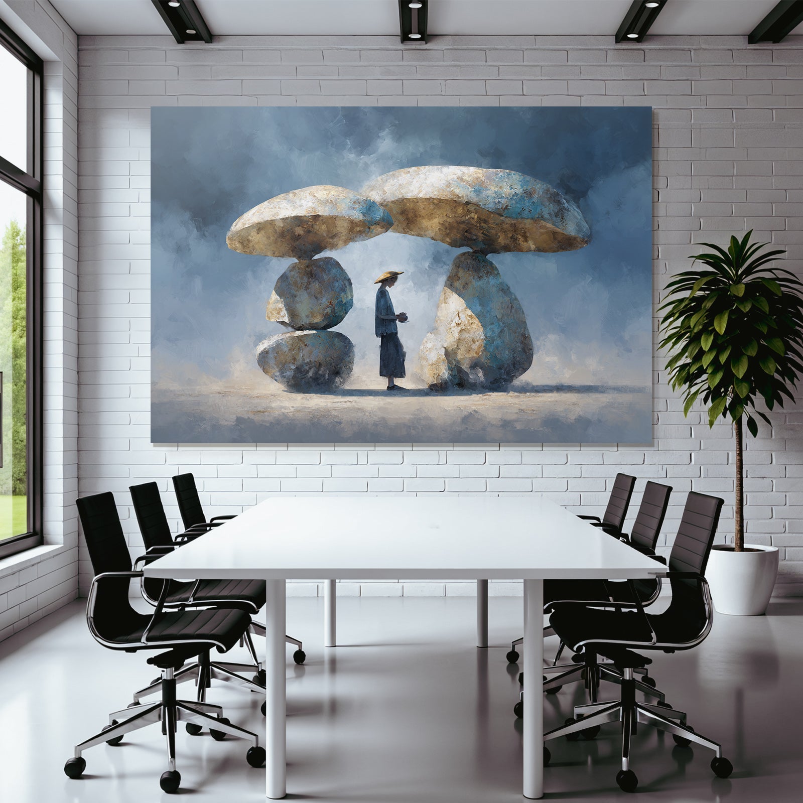 Fantastisch Surreal Traumhafte Landschaft Mit Pilzfelsen Und Strohhutfigur