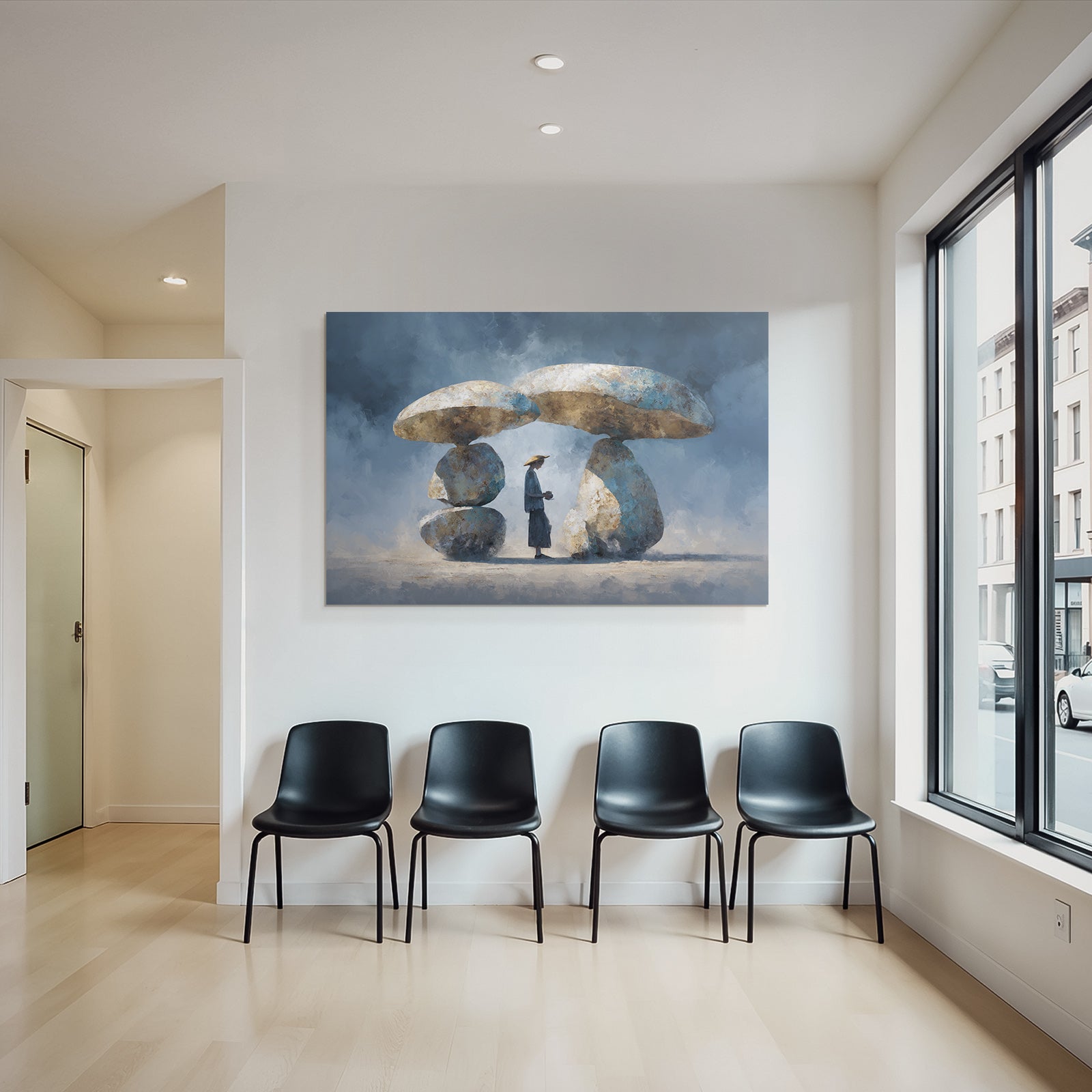 Fantastisch Surreal Traumhafte Landschaft Mit Pilzfelsen Und Strohhutfigur