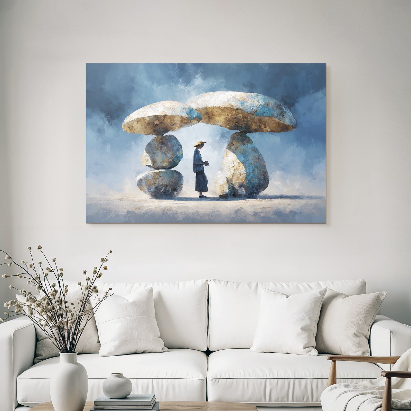 Fantastisch Surreal Traumhafte Landschaft Mit Pilzfelsen Und Strohhutfigur