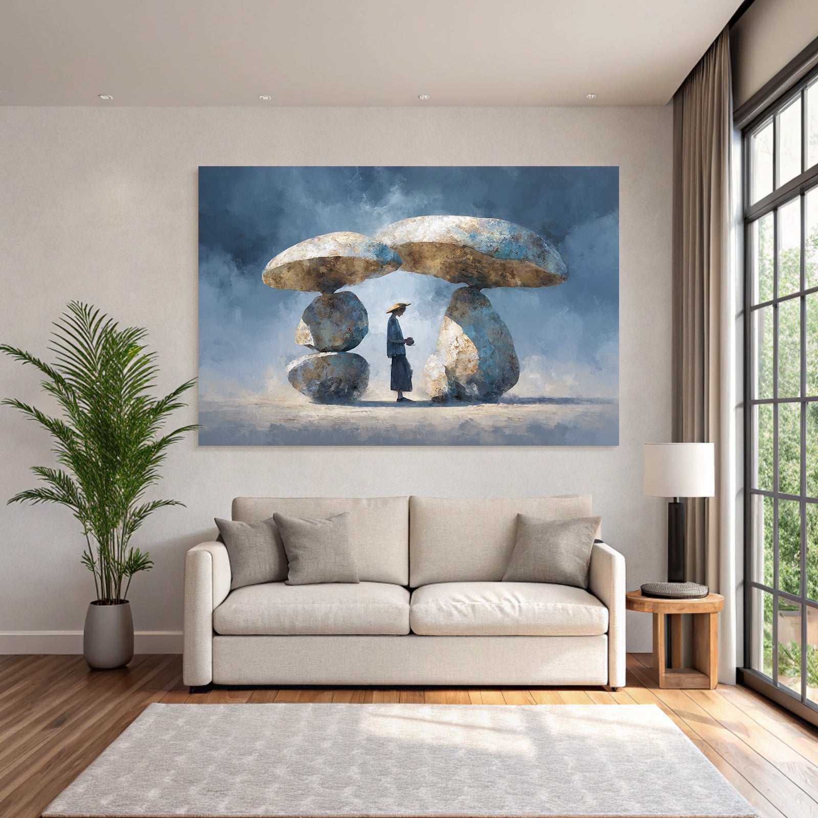 Fantastisch Surreal Traumhafte Landschaft Mit Pilzfelsen Und Strohhutfigur