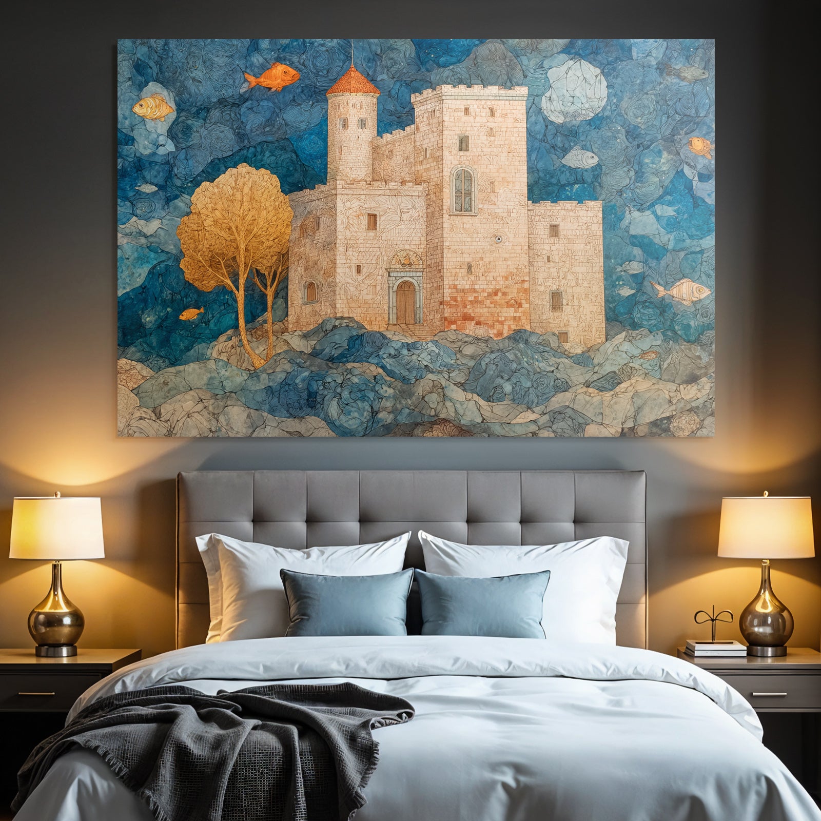 Fantastisch Surreal Traumschloss Mit Rotem Turm Umgeben Von Wellen Und Fischen