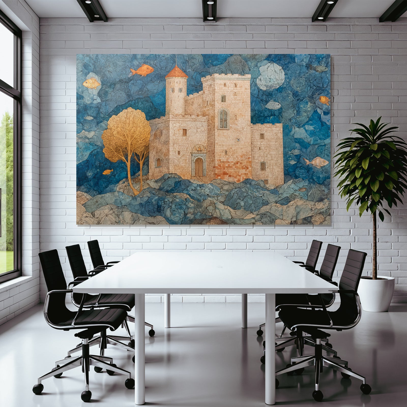Fantastisch Surreal Traumschloss Mit Rotem Turm Umgeben Von Wellen Und Fischen