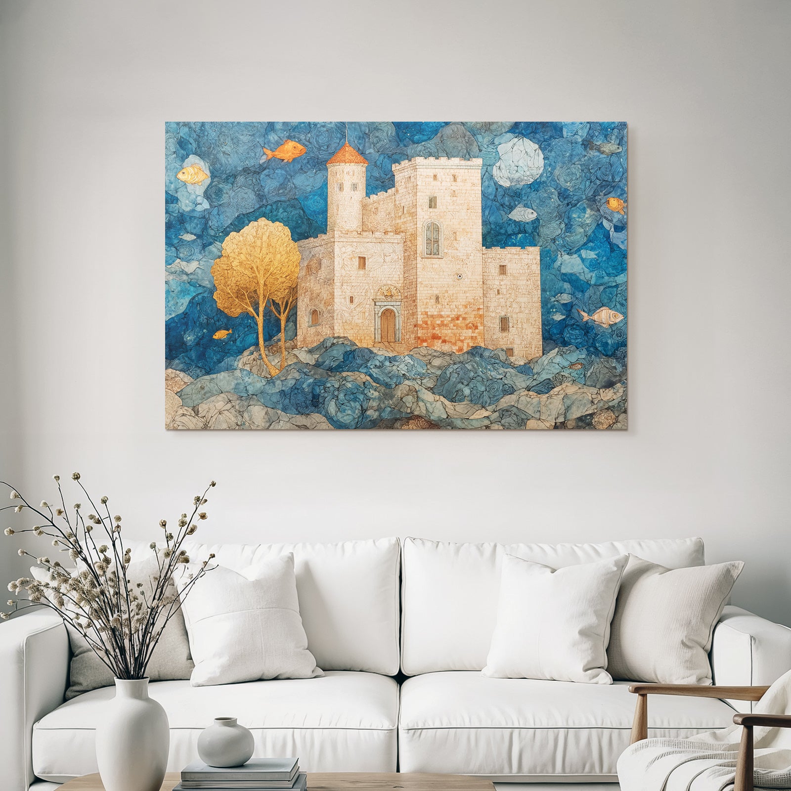 Fantastisch Surreal Traumschloss Mit Rotem Turm Umgeben Von Wellen Und Fischen