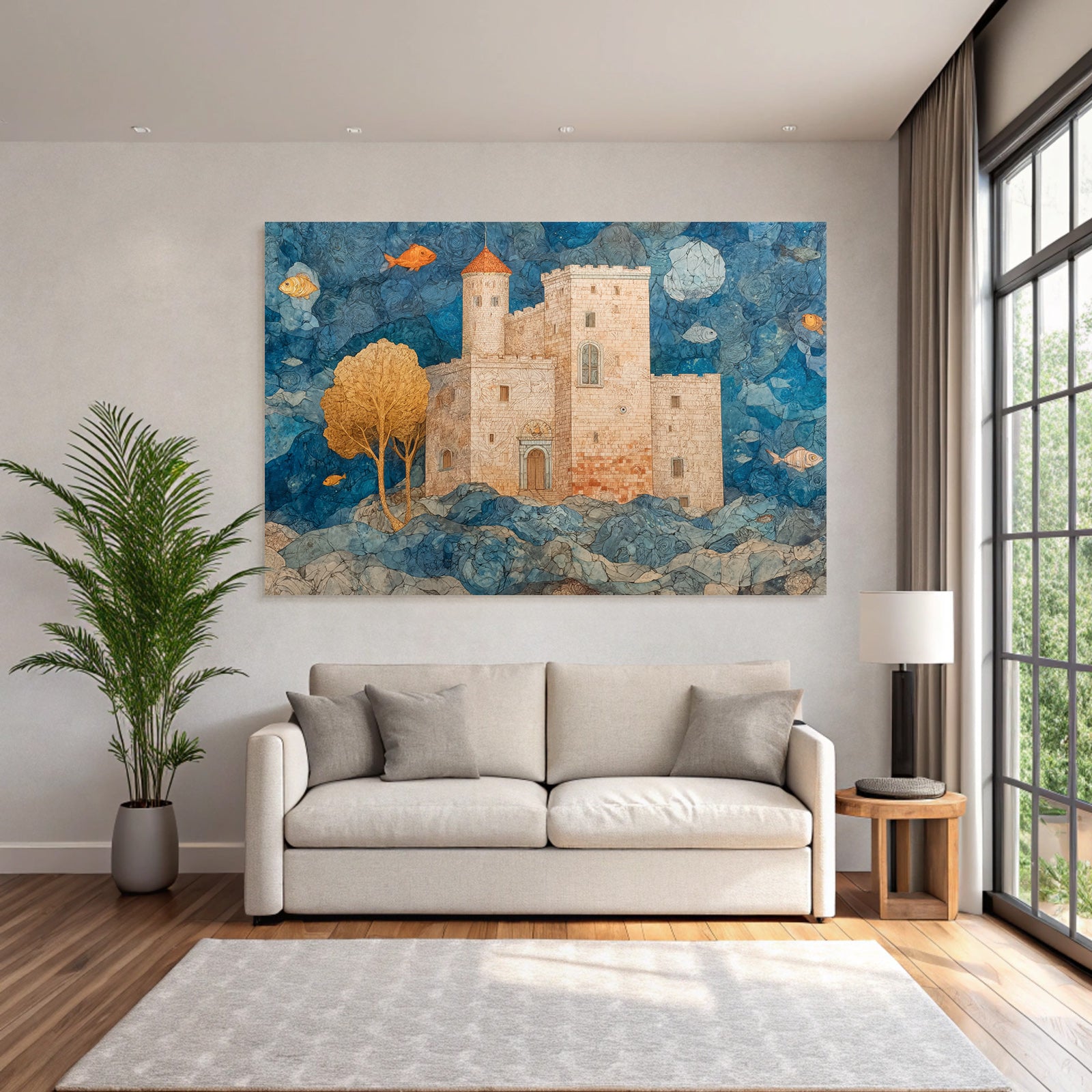 Fantastisch Surreal Traumschloss Mit Rotem Turm Umgeben Von Wellen Und Fischen