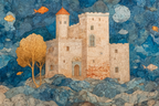 Fantastisch Surreal Traumschloss Mit Rotem Turm Umgeben Von Wellen Und Fischen | Fantastisch und Surreal | Stilrichtungen