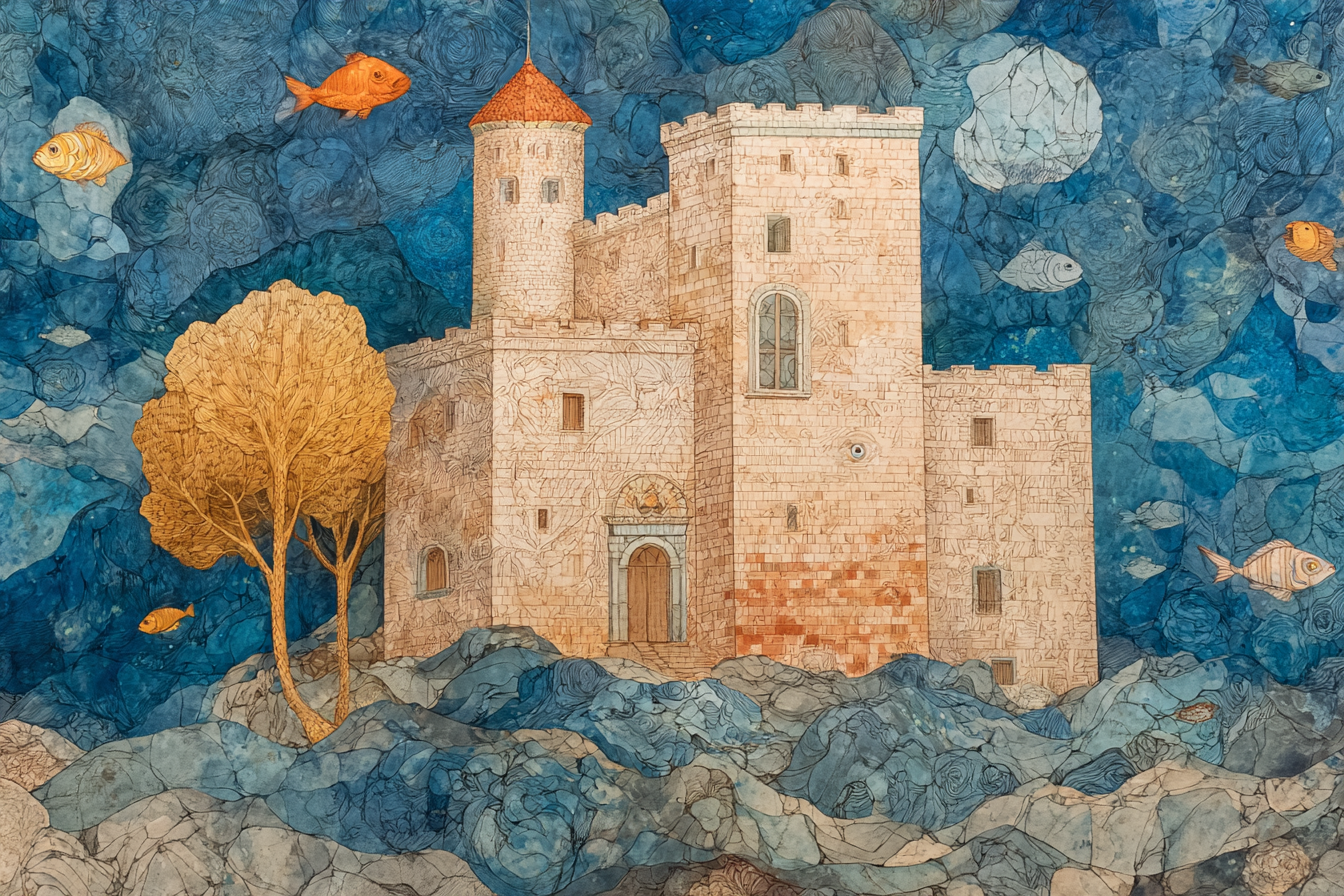 Fantastisch Surreal Traumschloss Mit Rotem Turm Umgeben Von Wellen Und Fischen | Fantastisch und Surreal | Stilrichtungen