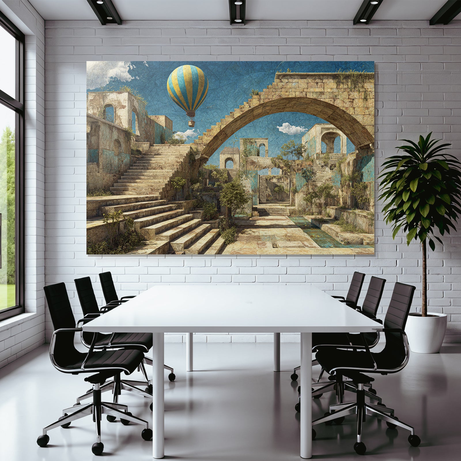 Fantastisch Surreal Überwachsene Ruinenstadt Mit Heissluftballon