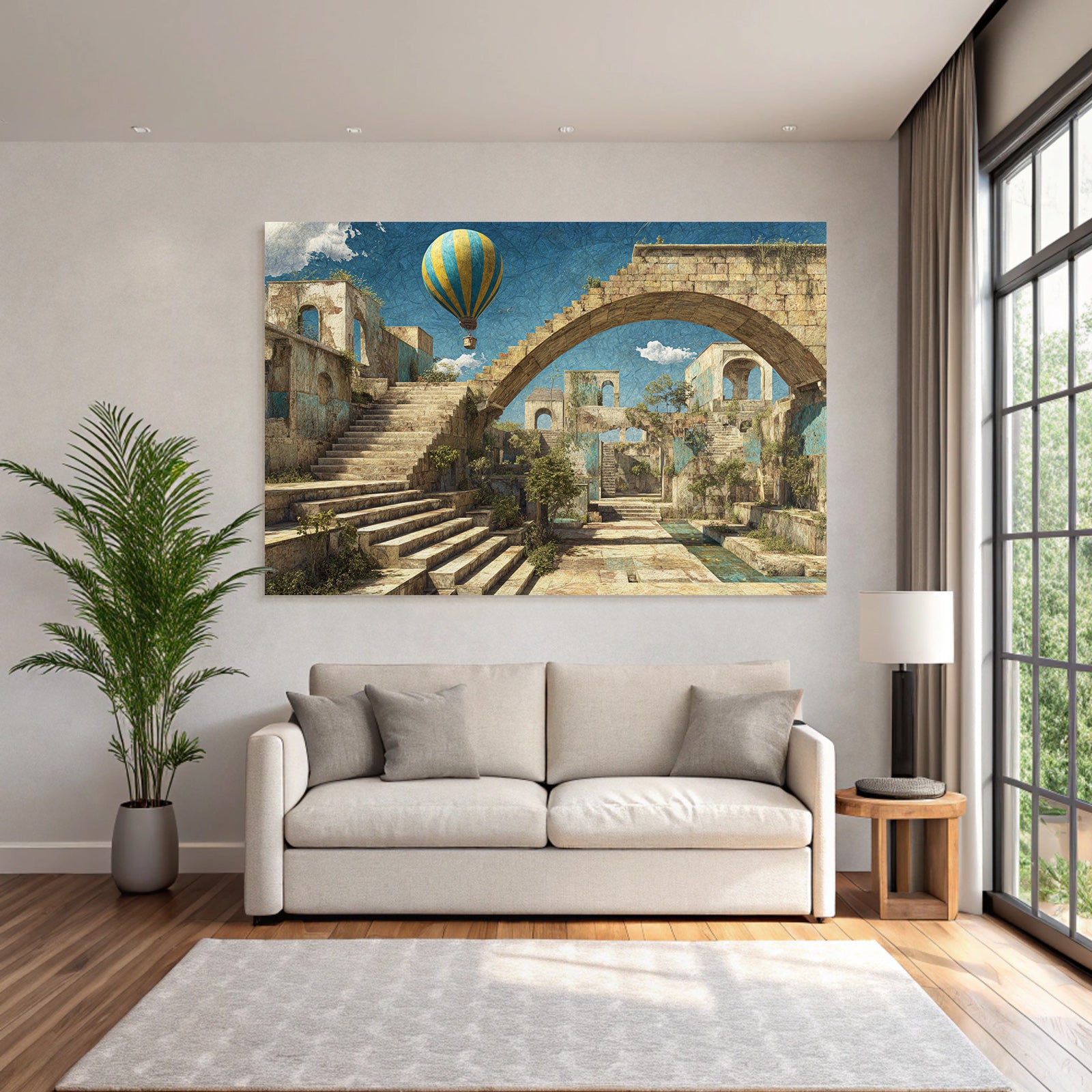 Fantastisch Surreal Überwachsene Ruinenstadt Mit Heissluftballon