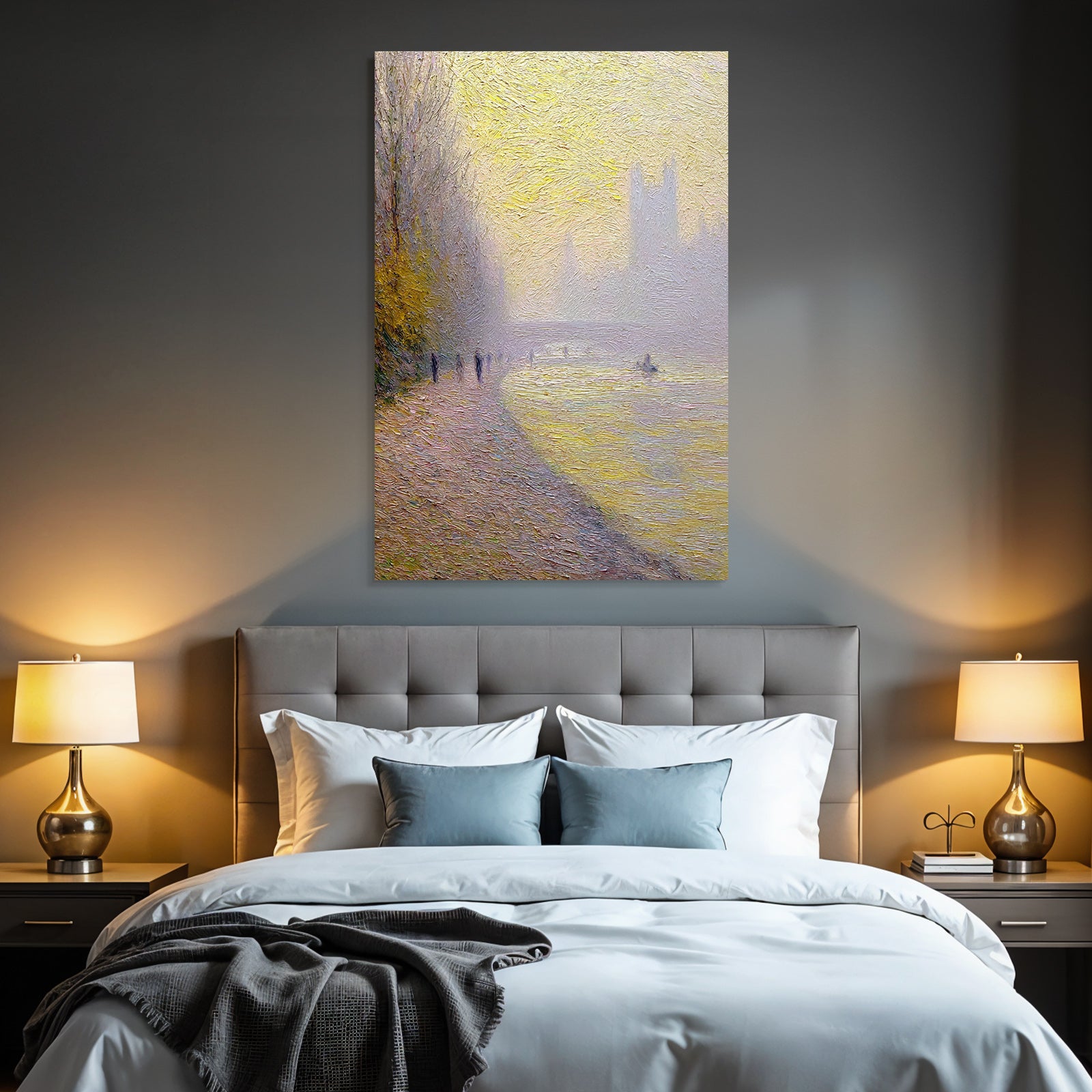 Impressionistische Flussufer Szene Mit Spaziergängern