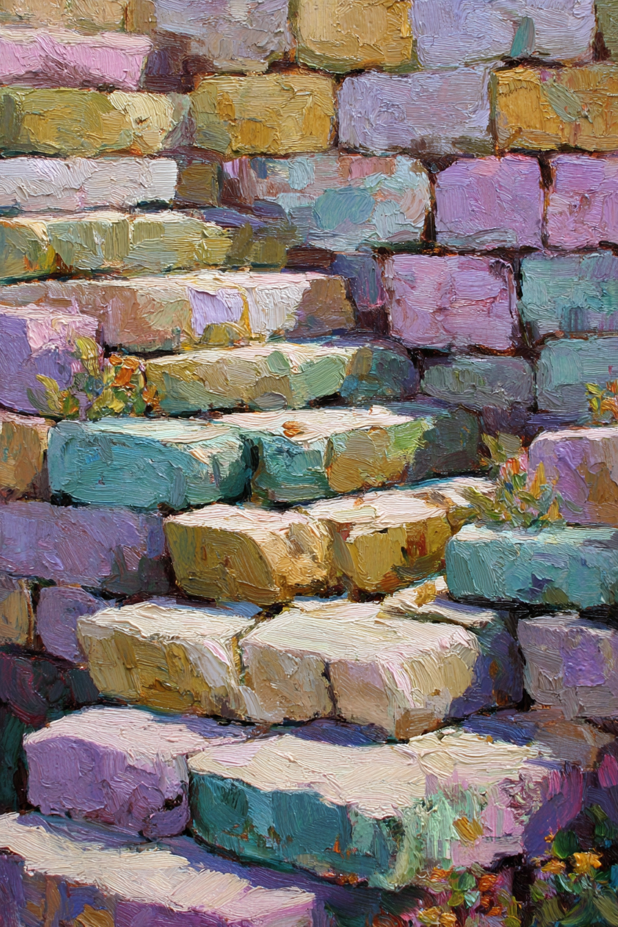 Pastellfarbene Steintreppe Mit Grünen Pflanzen | Impressionismus | Stilrichtungen