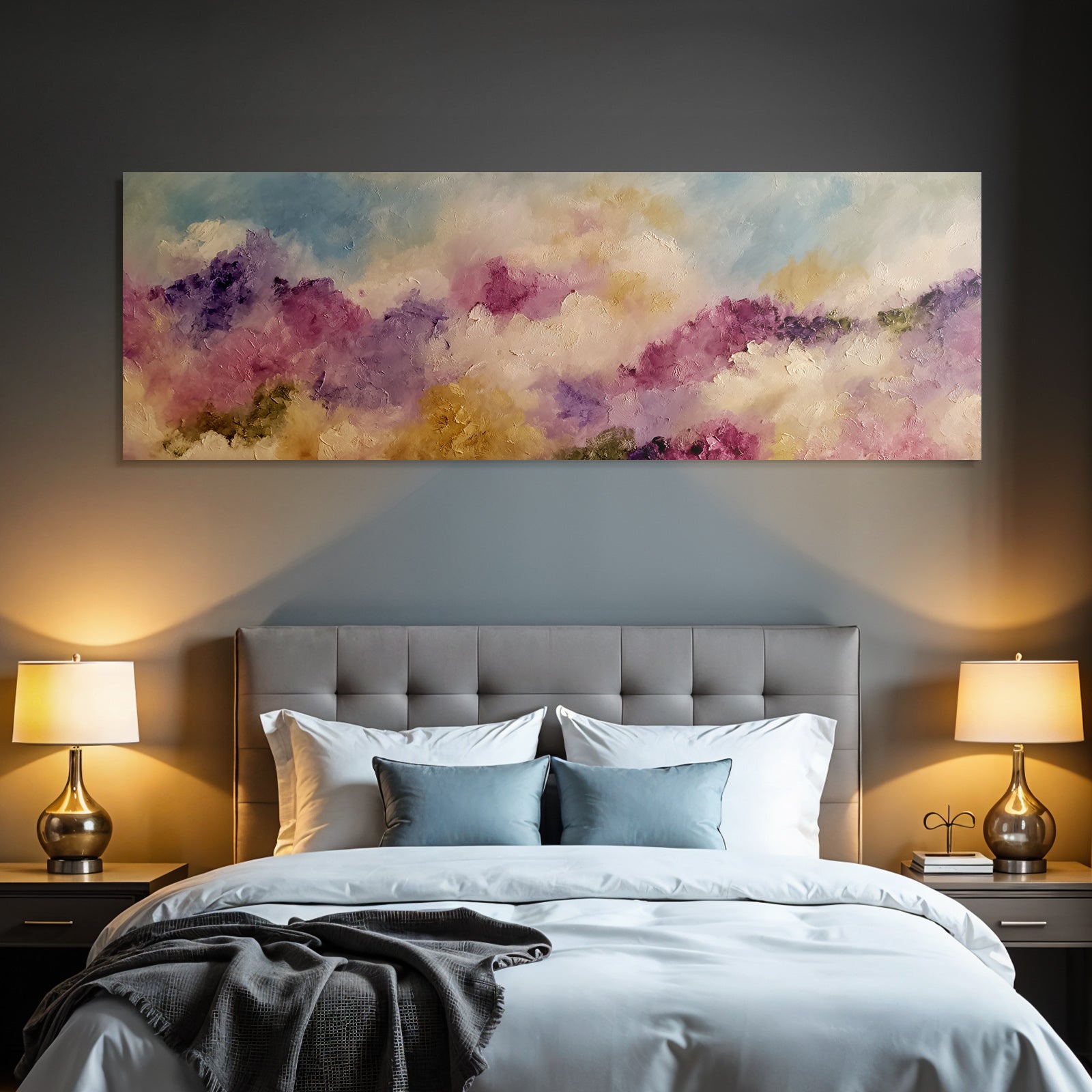 Abstrakte Pastellwolken Und Impressionistische Blumenlandschaft