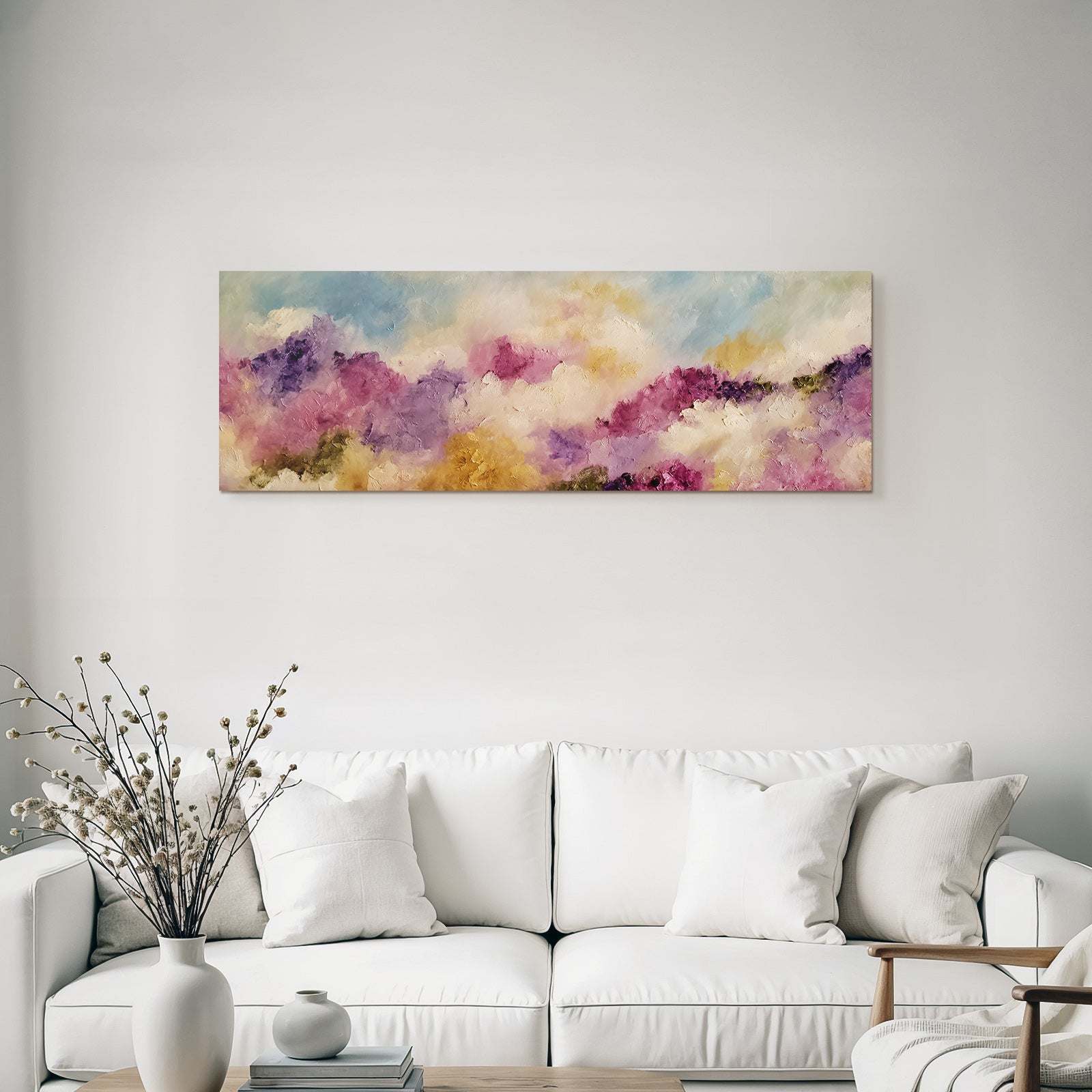 Abstrakte Pastellwolken Und Impressionistische Blumenlandschaft