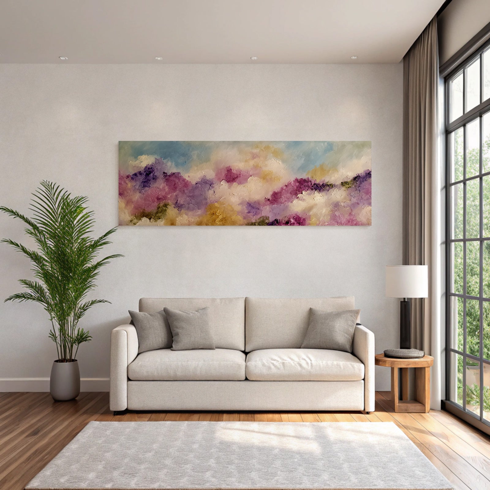 Abstrakte Pastellwolken Und Impressionistische Blumenlandschaft