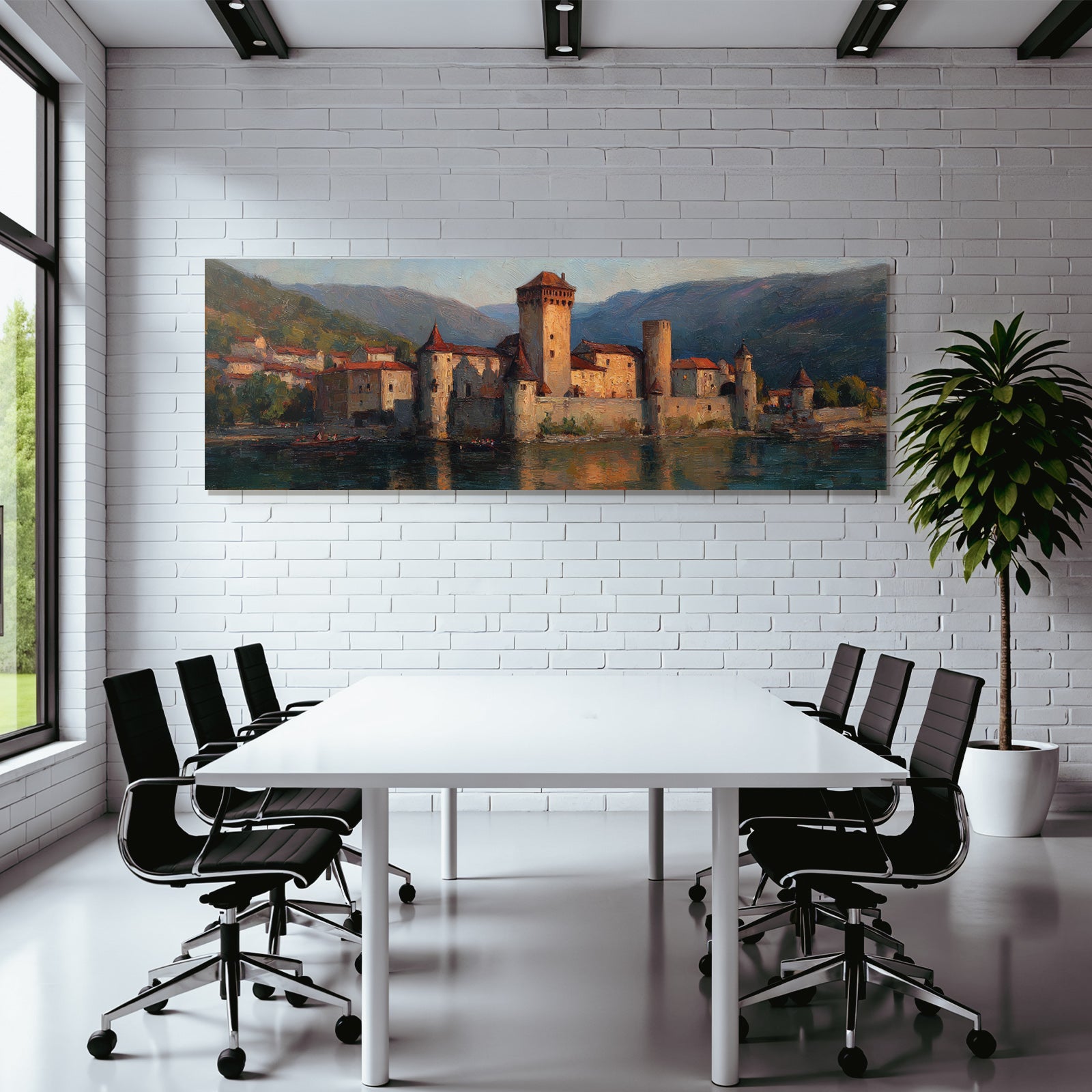Burg Am Meer Mit Bergkulisse Und Sonnenaufgang