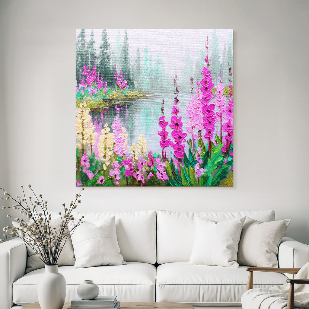 Friedliche Naturlandschaft Mit Blumen Am Wasser