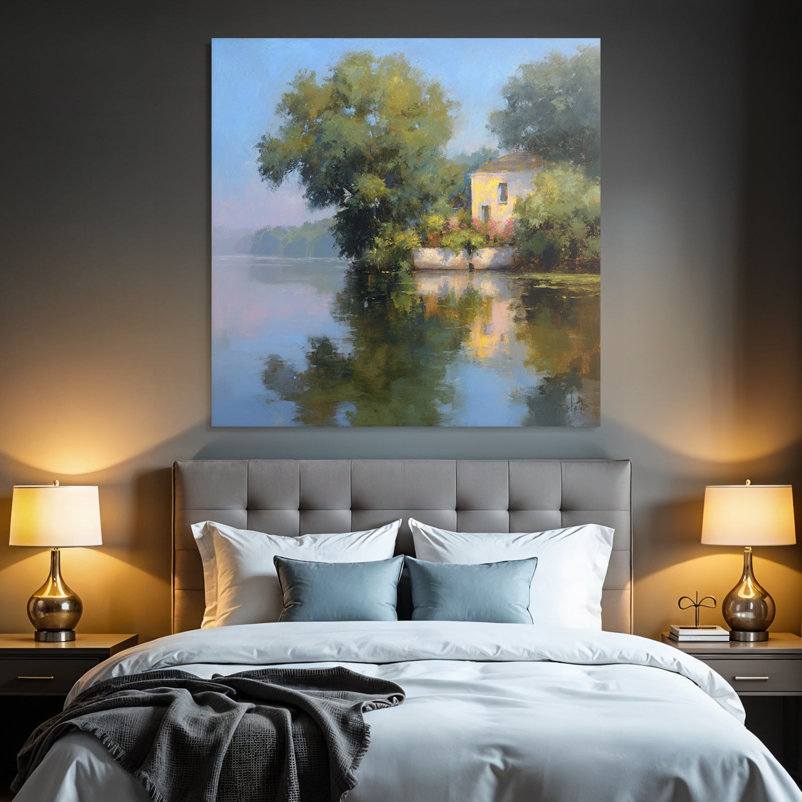 Friedliche Uferlandschaft Mit Weissem Haus Reflexion