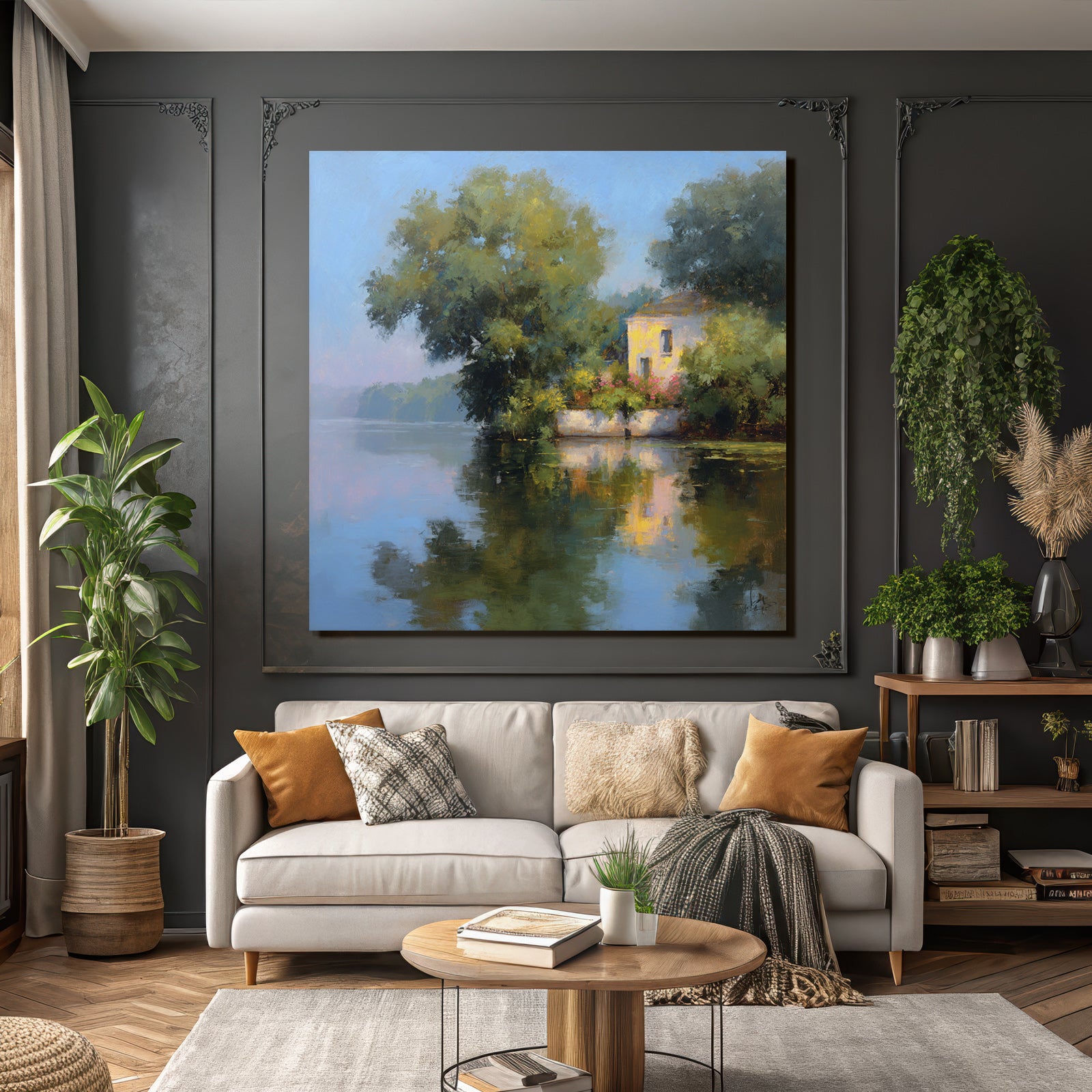 Friedliche Uferlandschaft Mit Weissem Haus Reflexion
