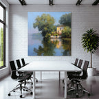 Friedliche Uferlandschaft Mit Weissem Haus Reflexion