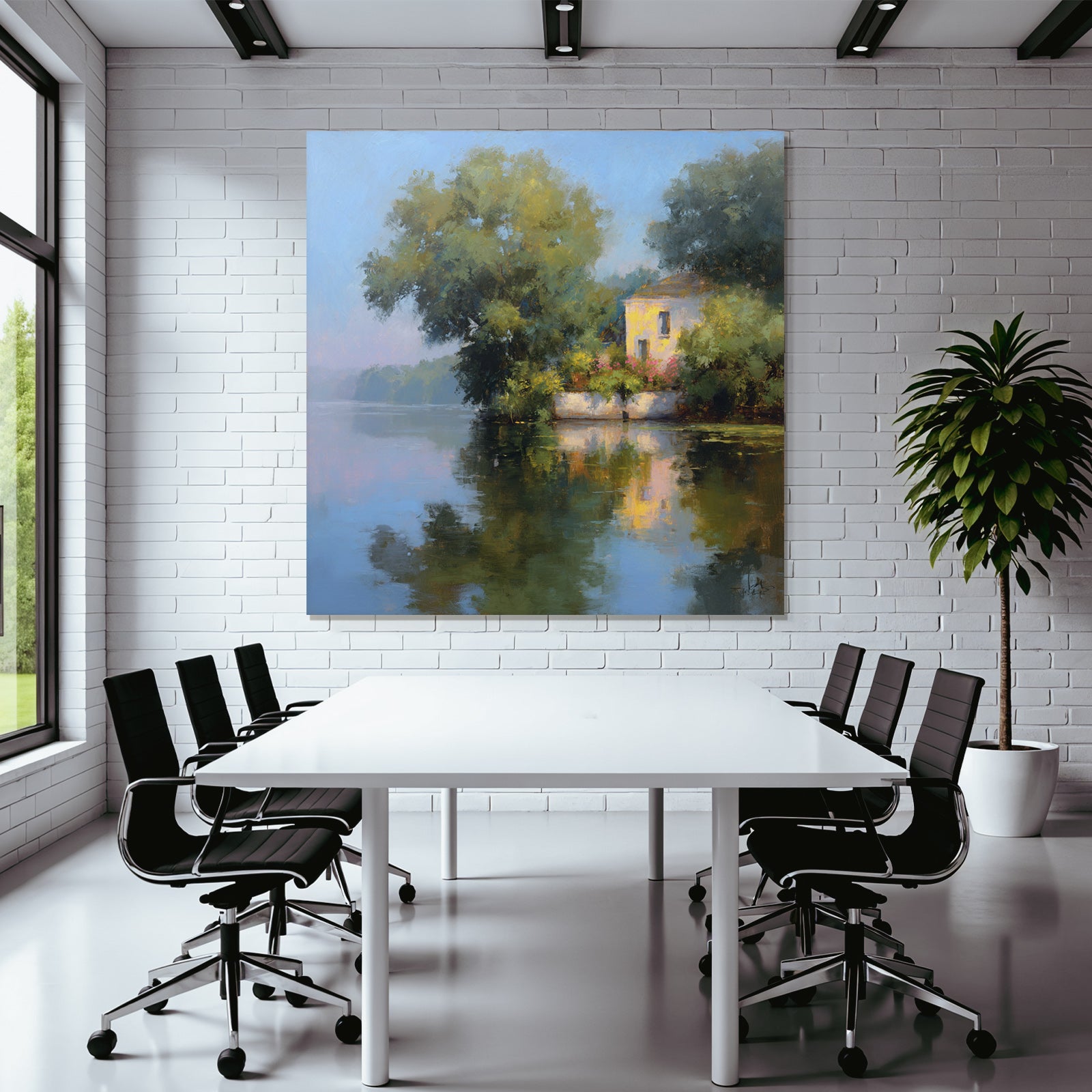 Friedliche Uferlandschaft Mit Weissem Haus Reflexion