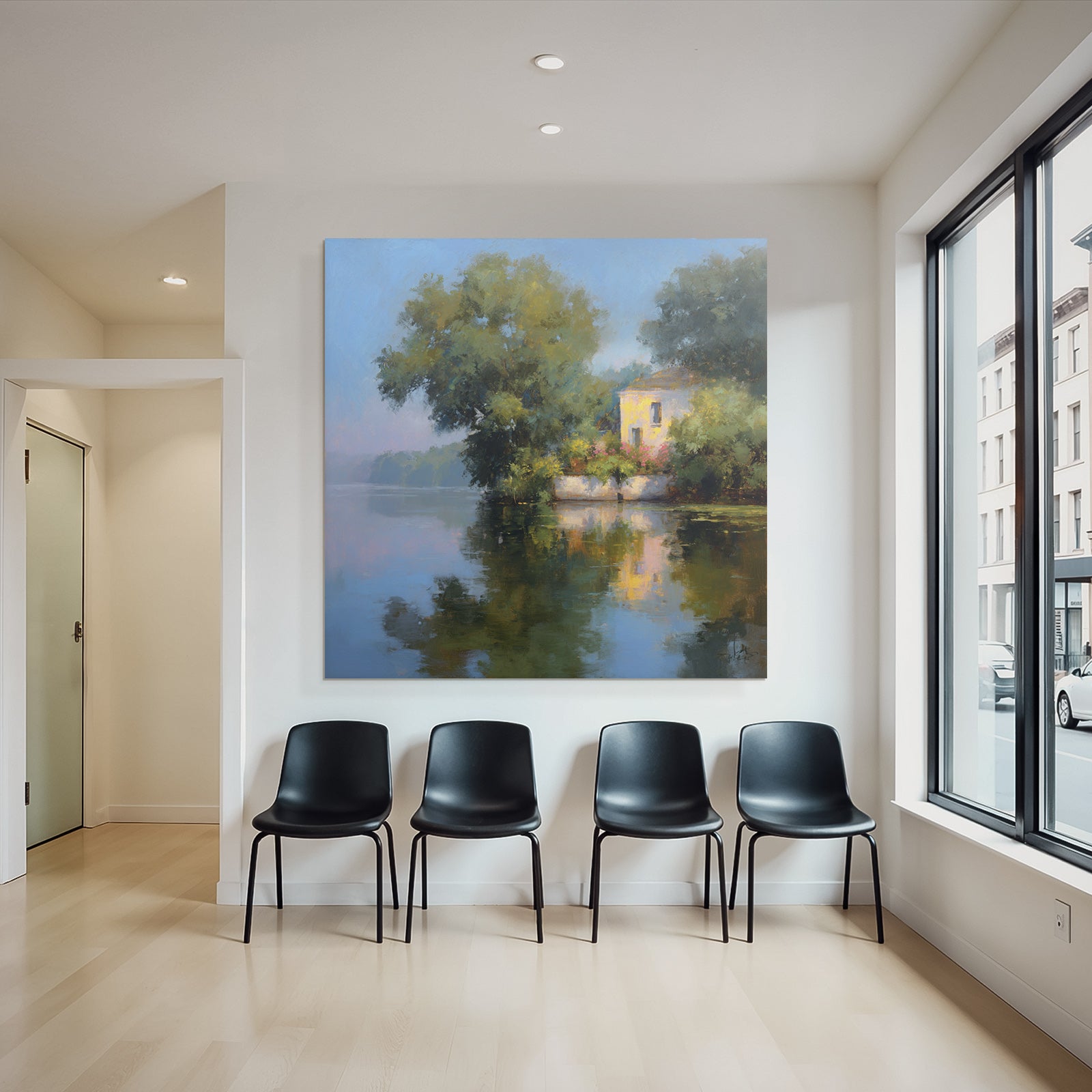 Friedliche Uferlandschaft Mit Weissem Haus Reflexion