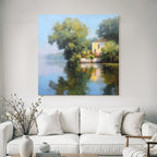 Friedliche Uferlandschaft Mit Weissem Haus Reflexion
