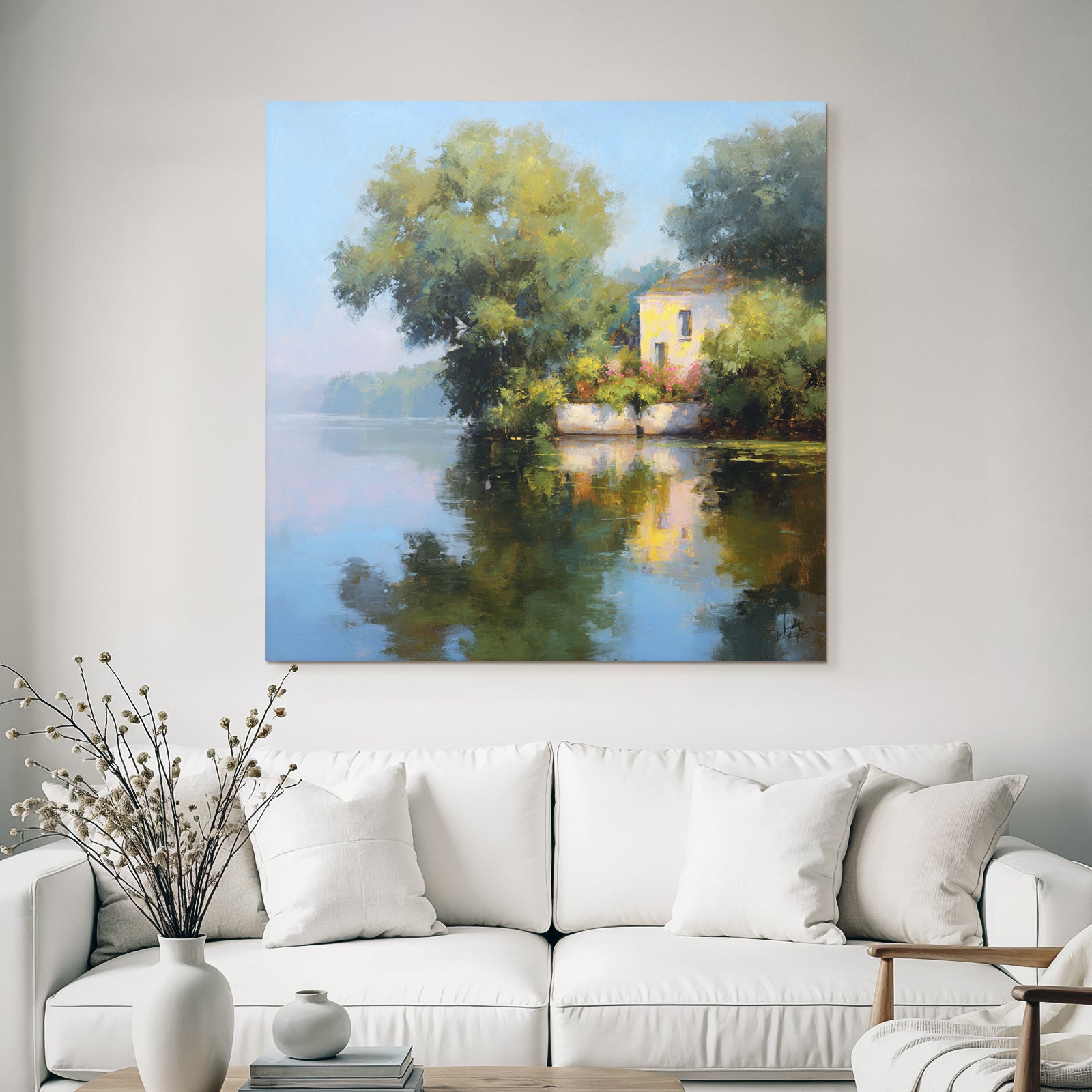 Friedliche Uferlandschaft Mit Weissem Haus Reflexion