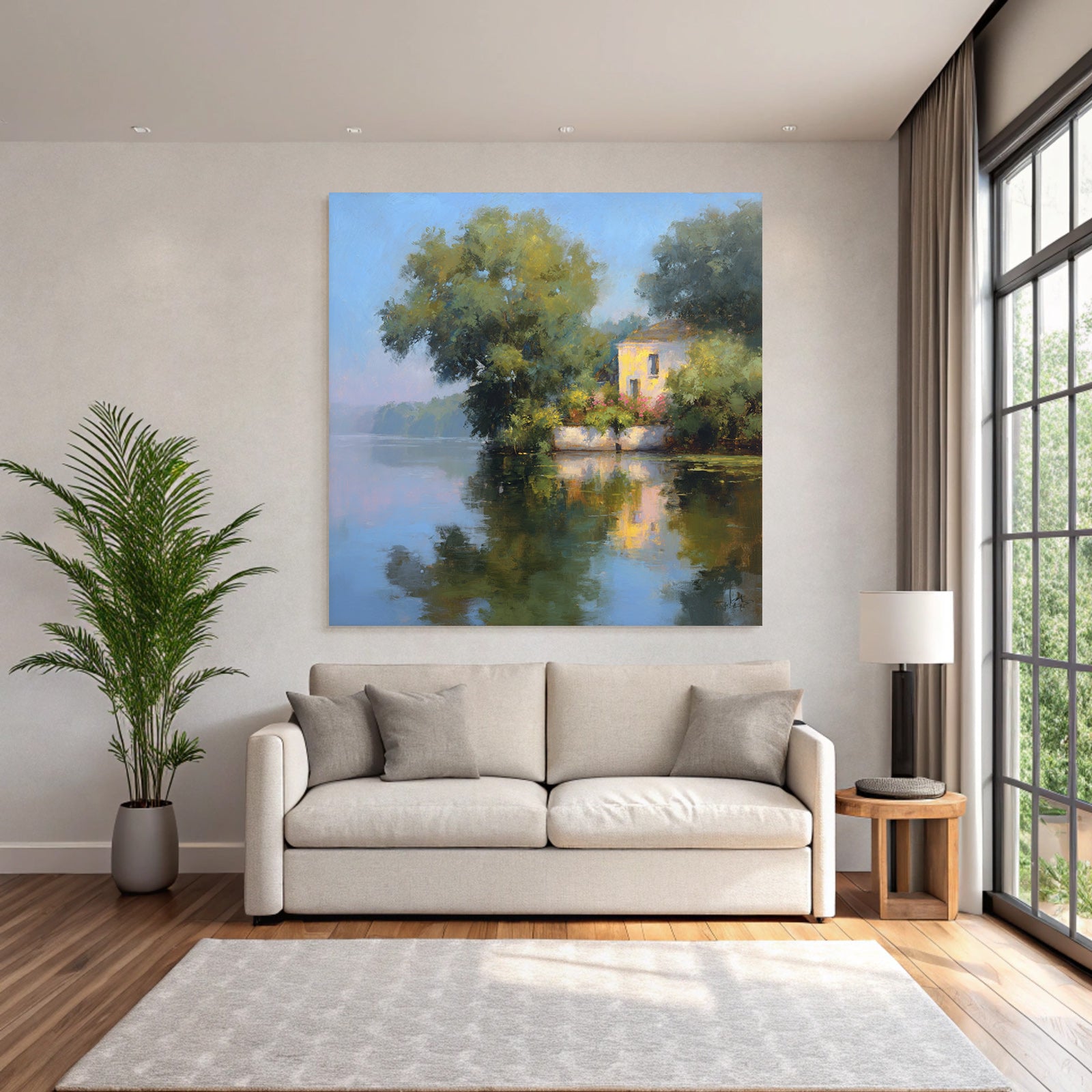 Friedliche Uferlandschaft Mit Weissem Haus Reflexion