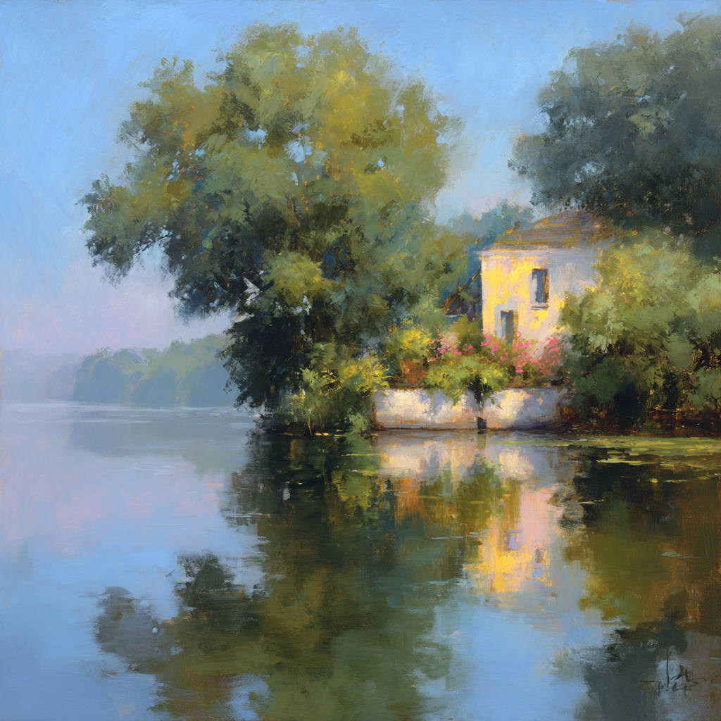 Friedliche Uferlandschaft Mit Weissem Haus Reflexion | Impressionismus | Stilrichtungen