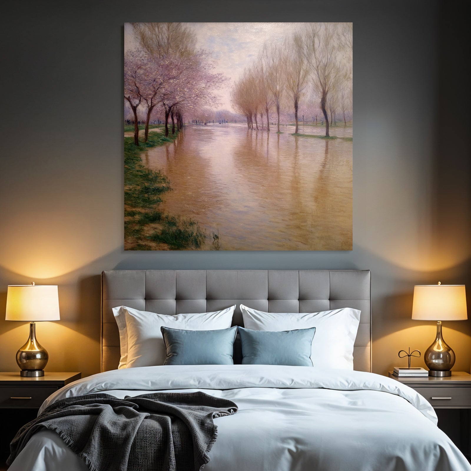 Frühlingslandschaft Am Fluss Mit Rosabluten