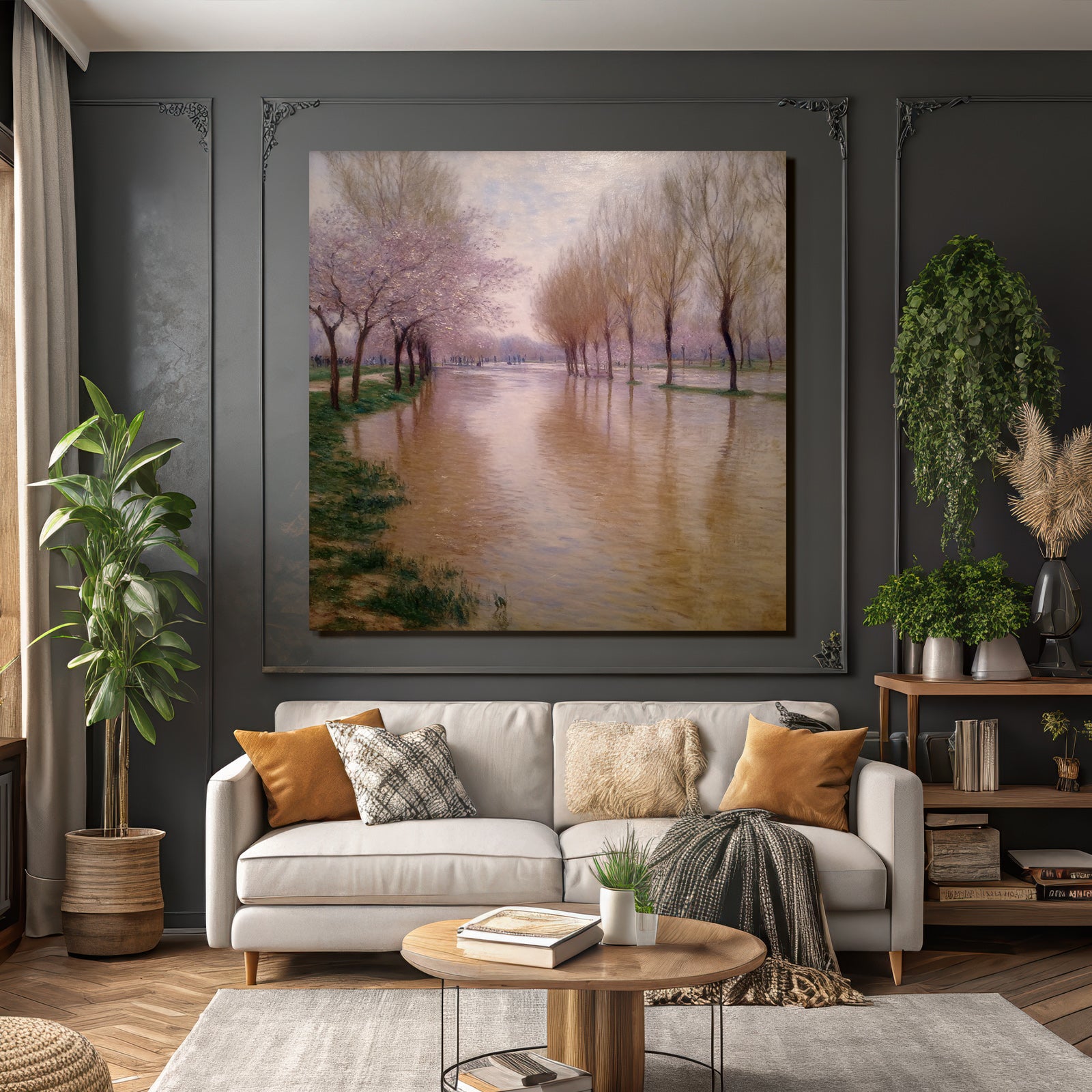 Frühlingslandschaft Am Fluss Mit Rosabluten