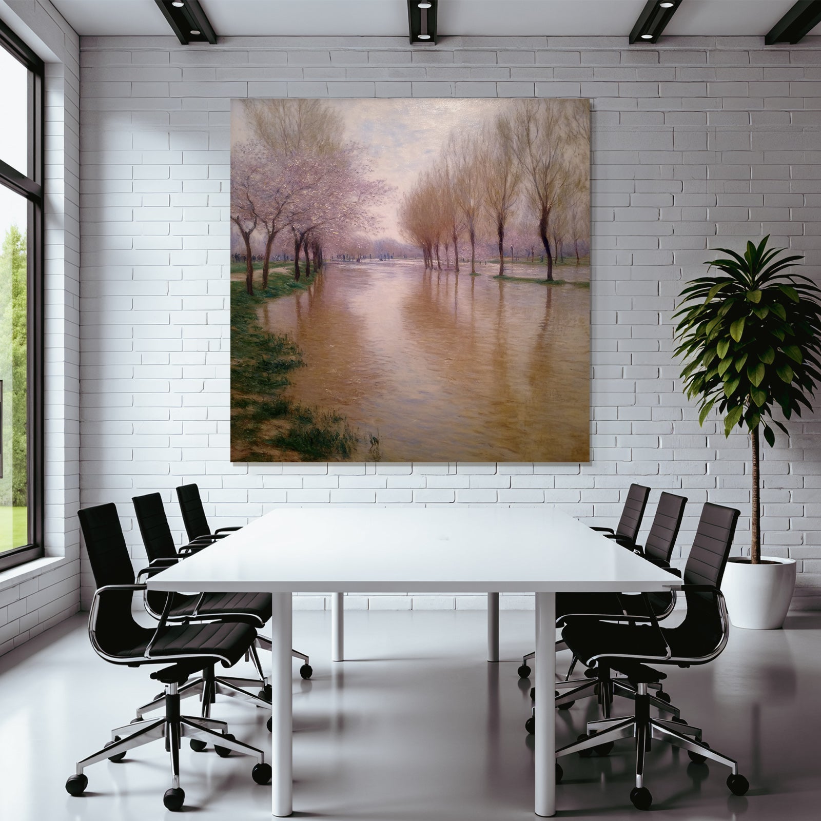 Frühlingslandschaft Am Fluss Mit Rosabluten
