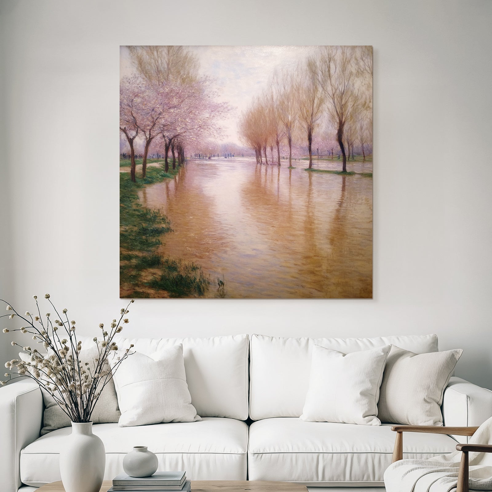 Frühlingslandschaft Am Fluss Mit Rosabluten