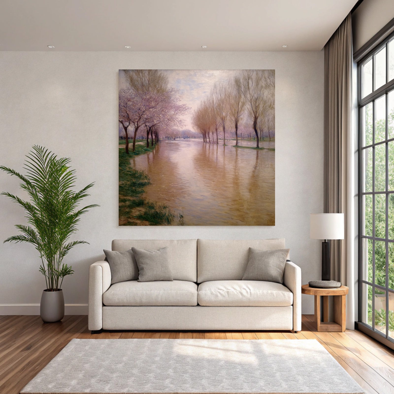 Frühlingslandschaft Am Fluss Mit Rosabluten