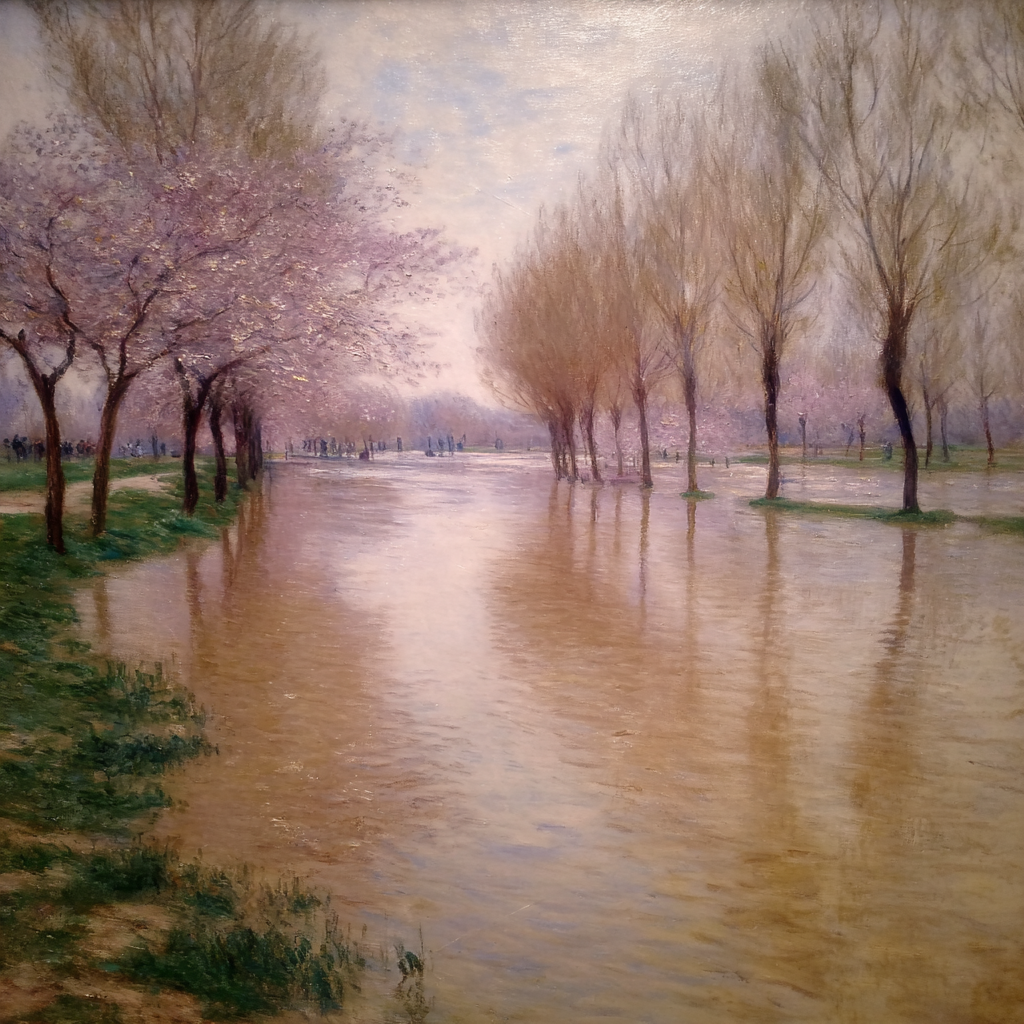 Frühlingslandschaft Am Fluss Mit Rosabluten | Impressionismus | Stilrichtungen