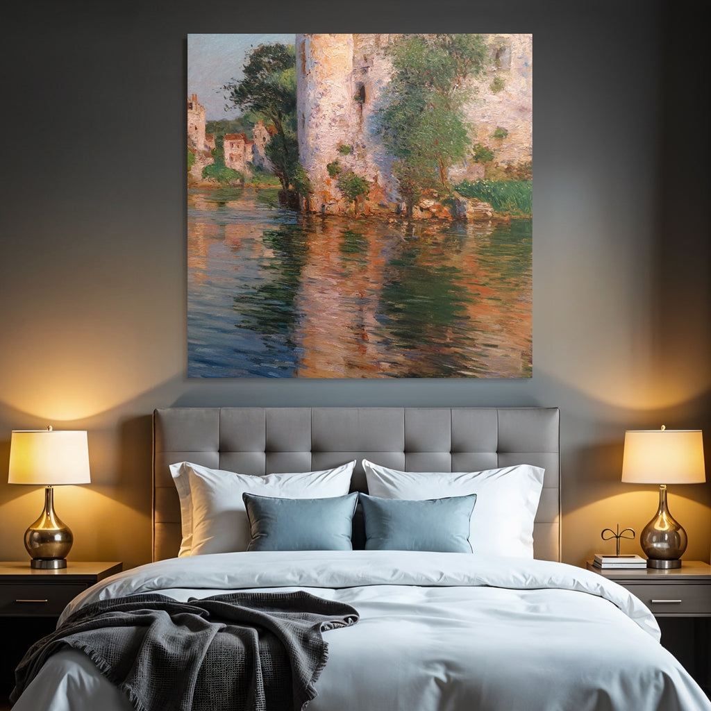 Impressionistische Landschaft Mit Fluss Und Haeusern