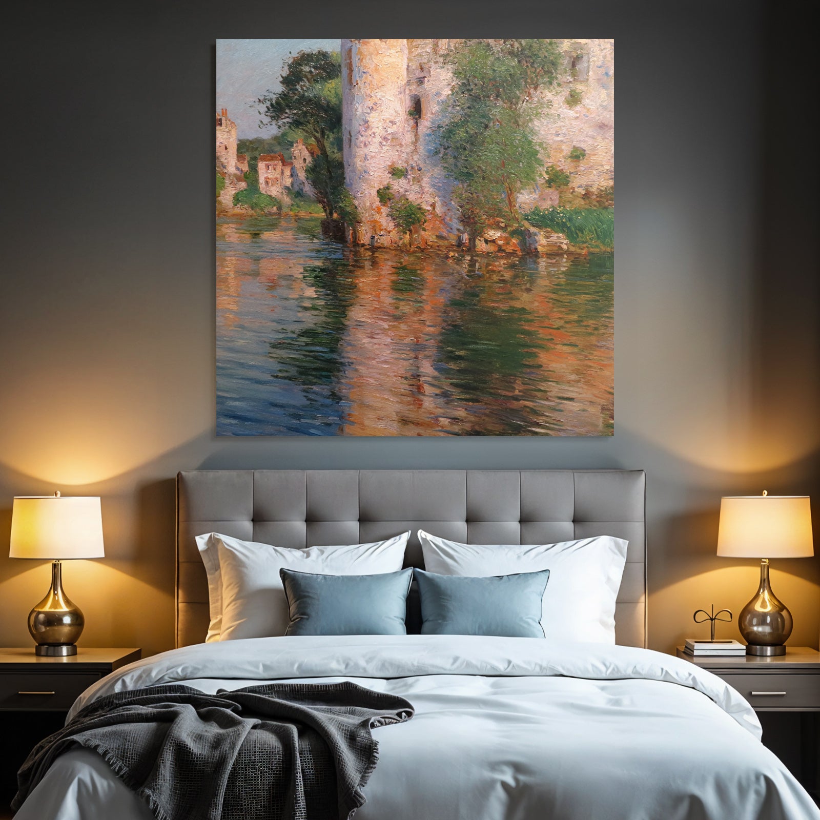 Impressionistische Landschaft Mit Fluss Und Haeusern