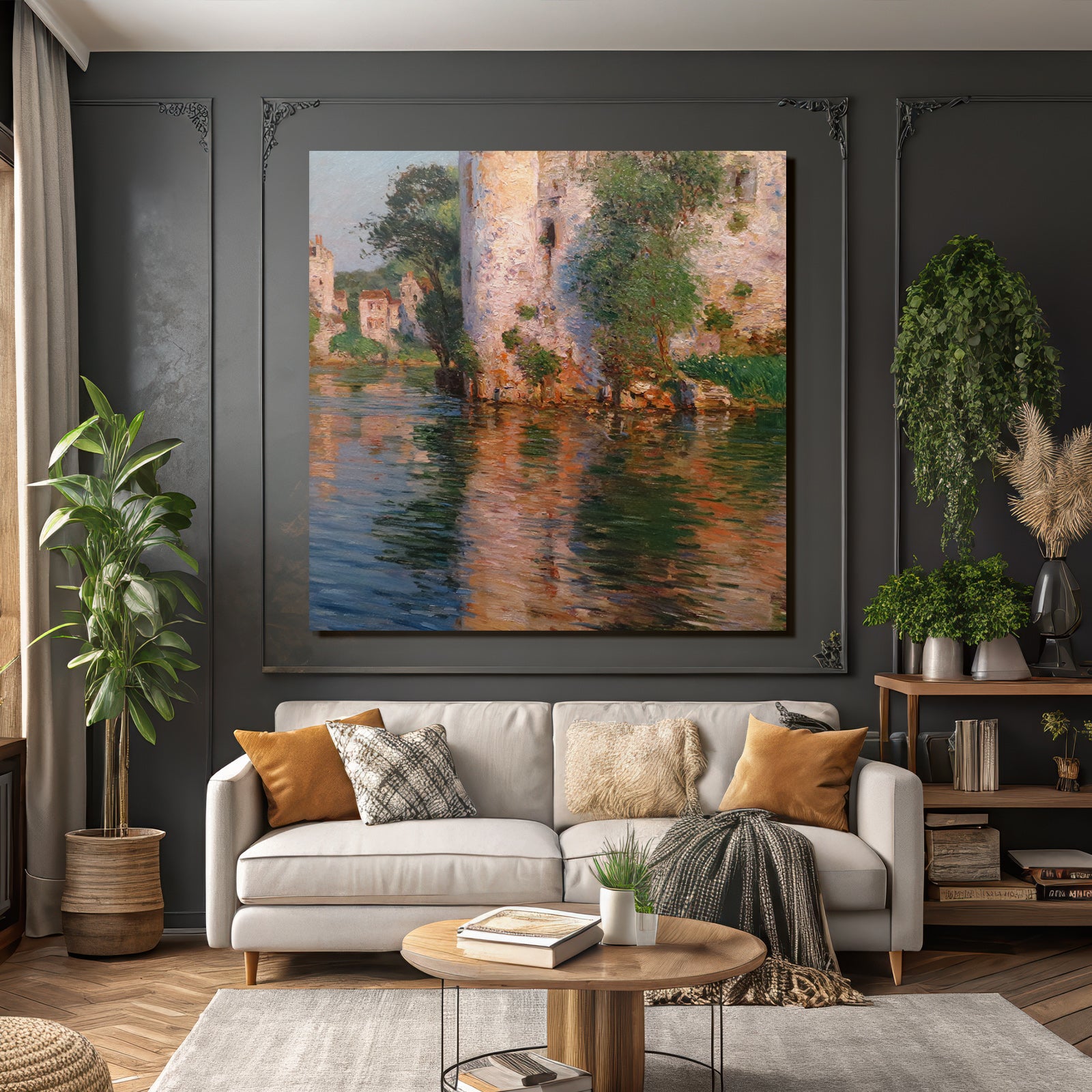 Impressionistische Landschaft Mit Fluss Und Haeusern