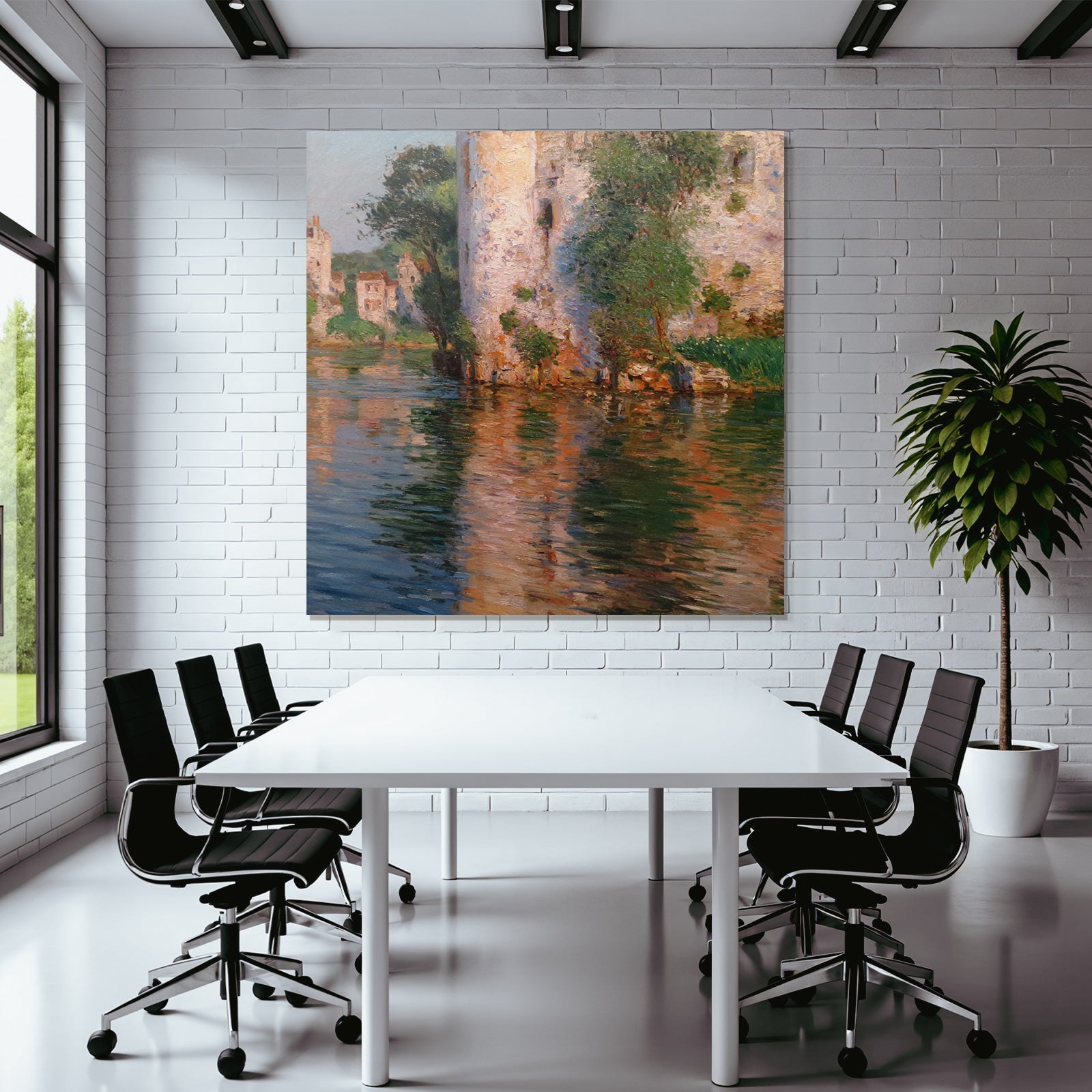 Impressionistische Landschaft Mit Fluss Und Haeusern