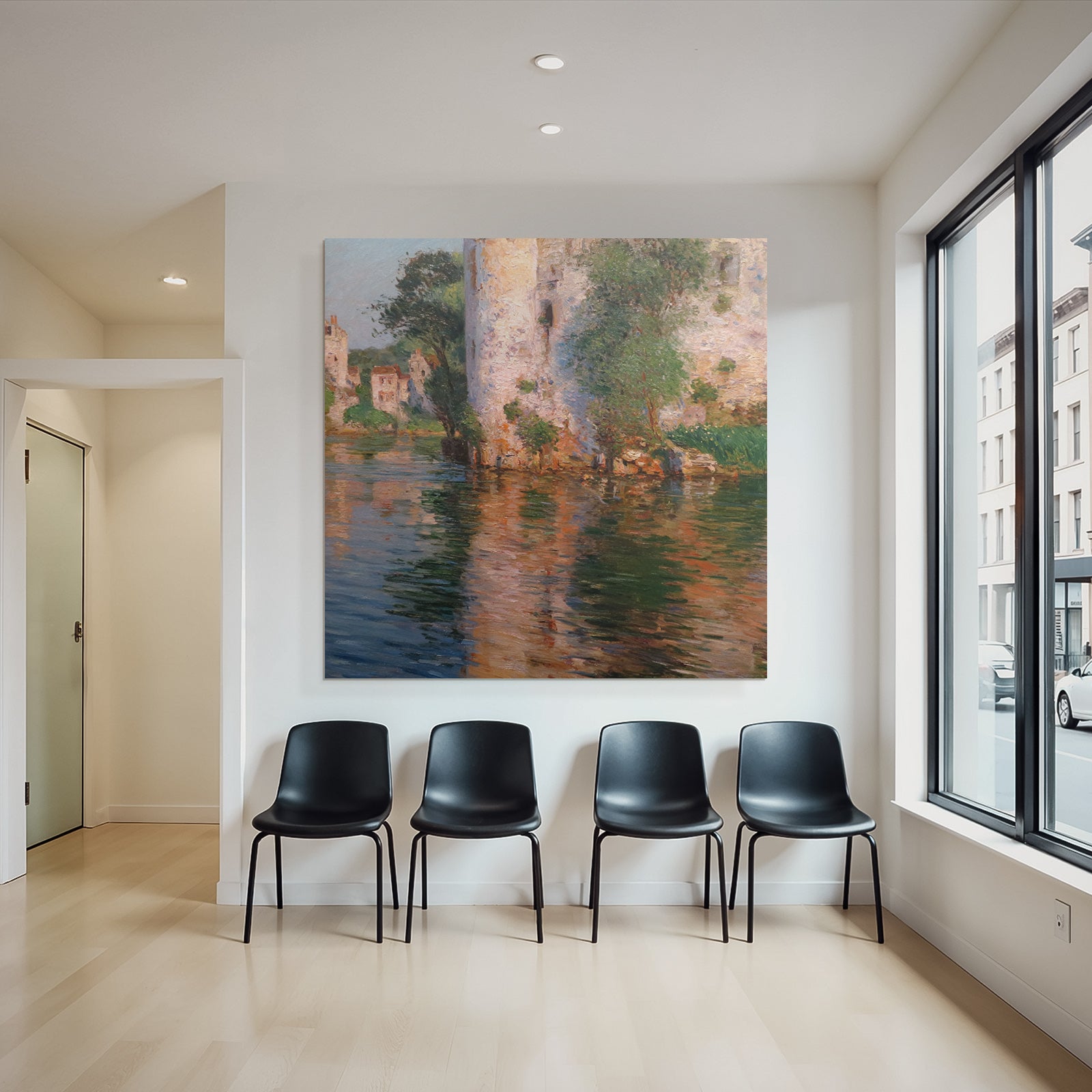 Impressionistische Landschaft Mit Fluss Und Haeusern