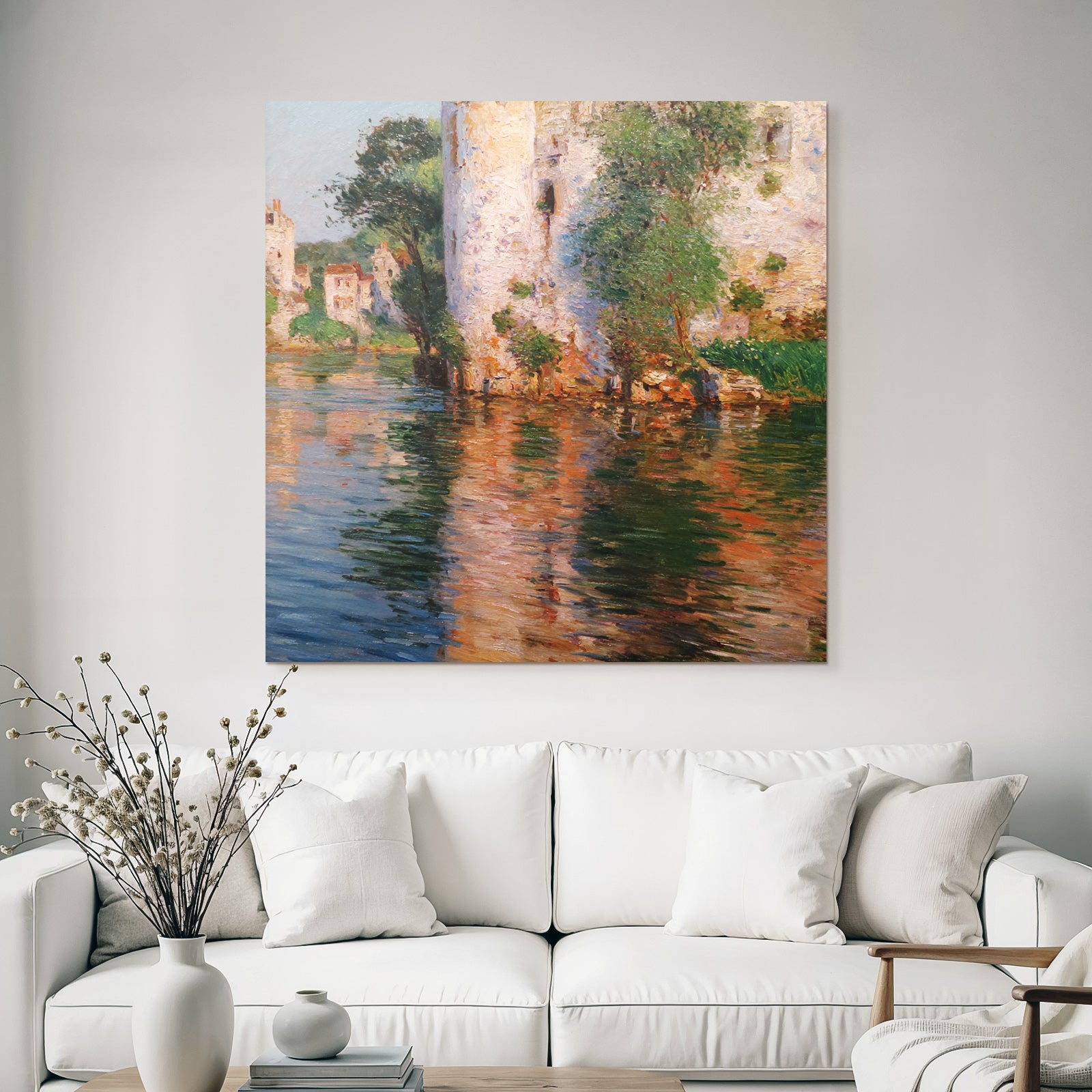 Impressionistische Landschaft Mit Fluss Und Haeusern