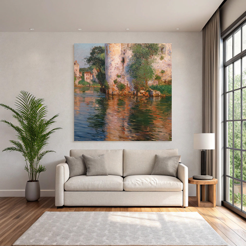 Impressionistische Landschaft Mit Fluss Und Haeusern