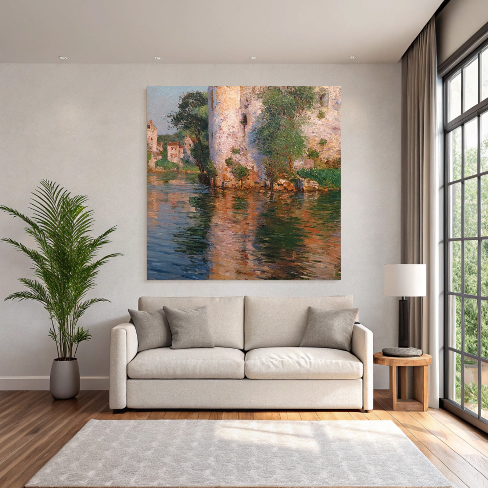 Impressionistische Landschaft Mit Fluss Und Haeusern