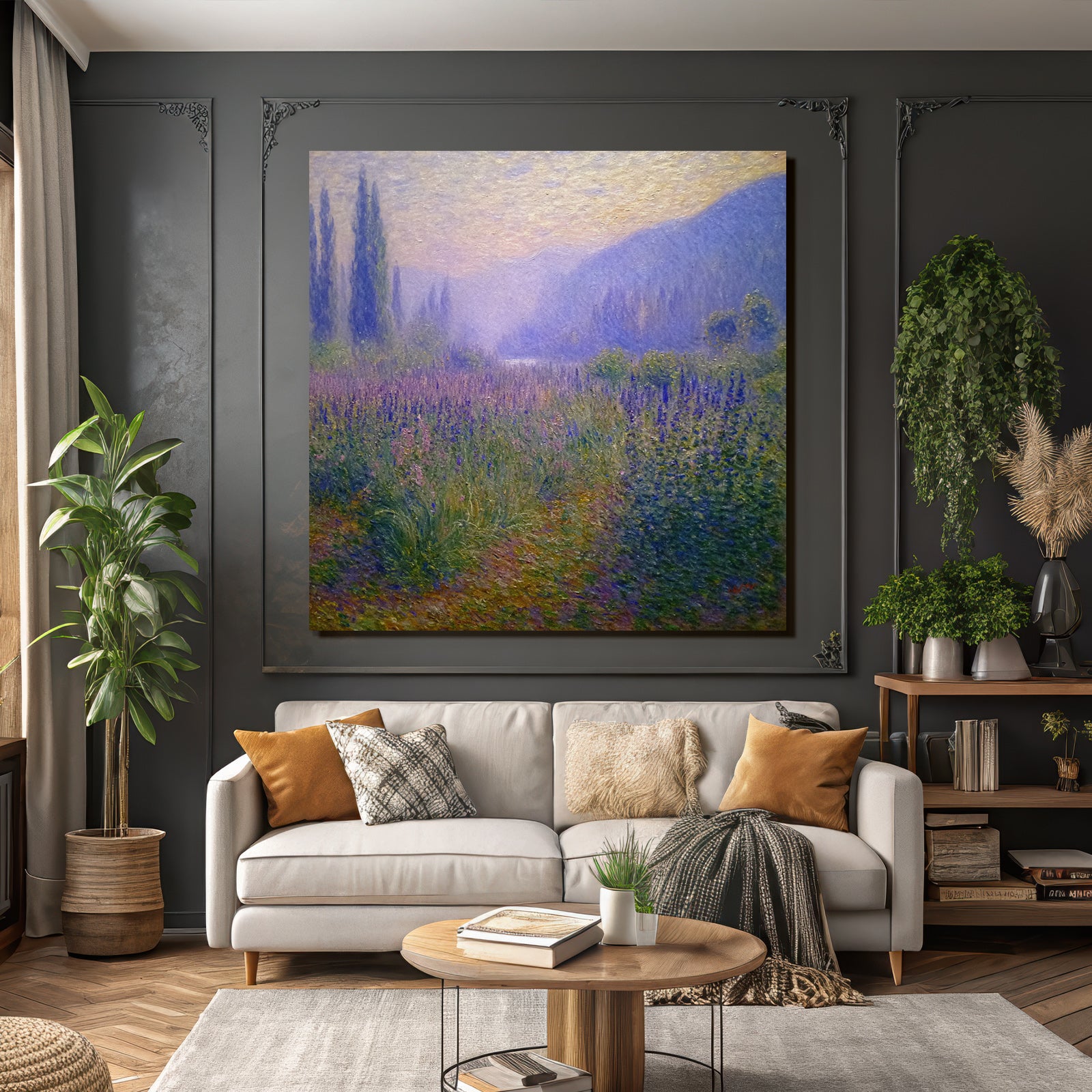 Malerische Landschaft Mit Blumenwiese Nebelbergen Und See