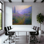 Malerische Landschaft Mit Blumenwiese Nebelbergen Und See
