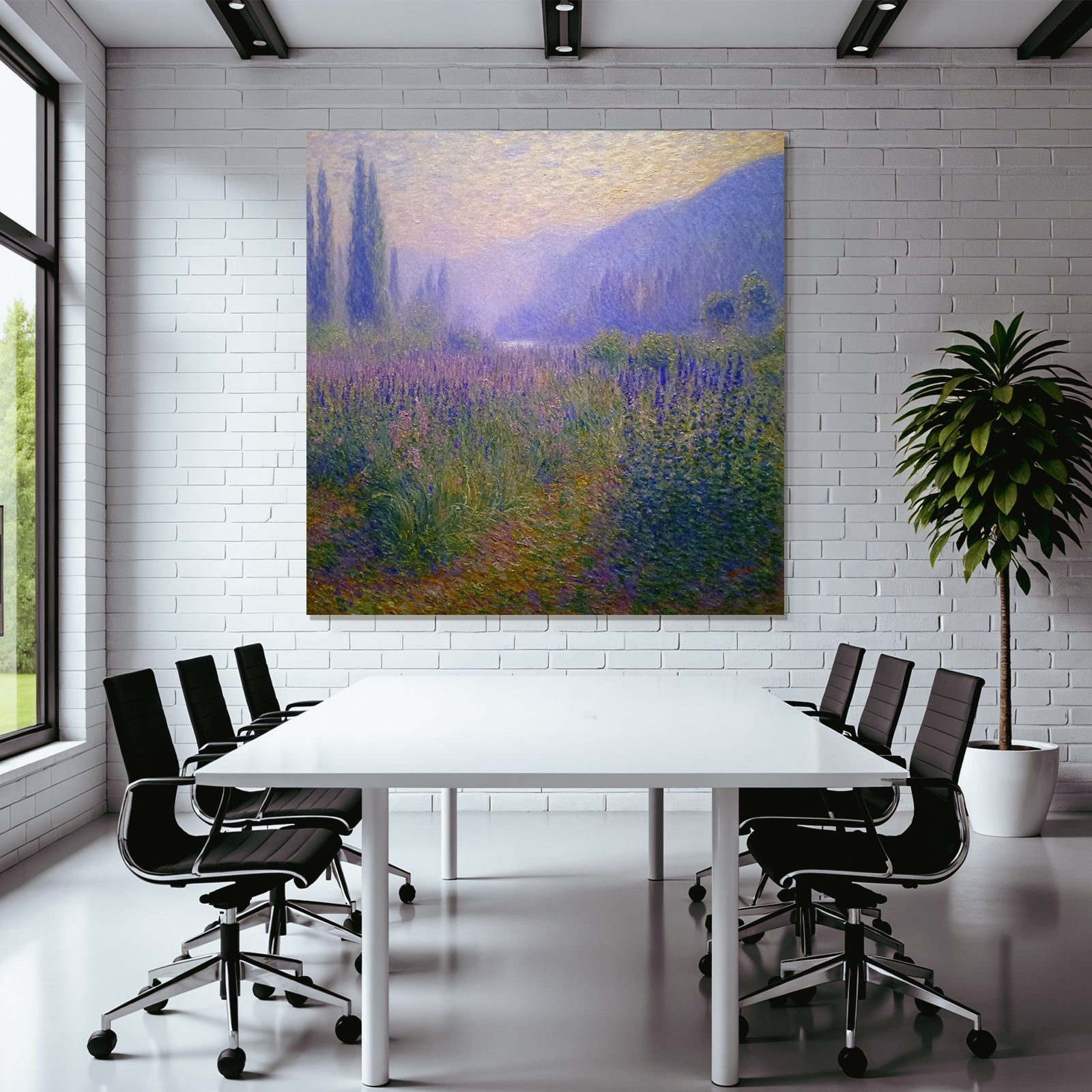 Malerische Landschaft Mit Blumenwiese Nebelbergen Und See