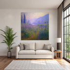 Malerische Landschaft Mit Blumenwiese Nebelbergen Und See
