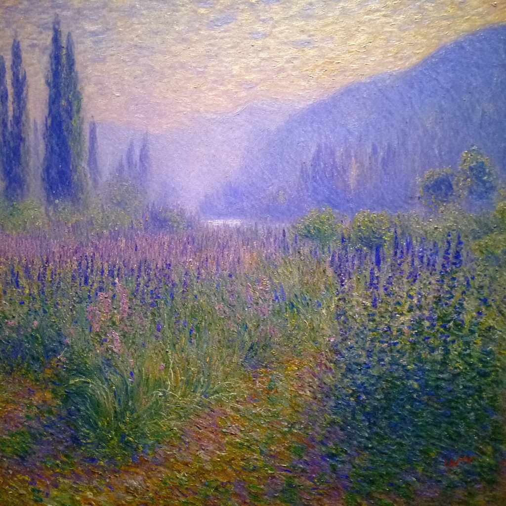 Malerische Landschaft Mit Blumenwiese Nebelbergen Und See | Impressionismus | Stilrichtungen