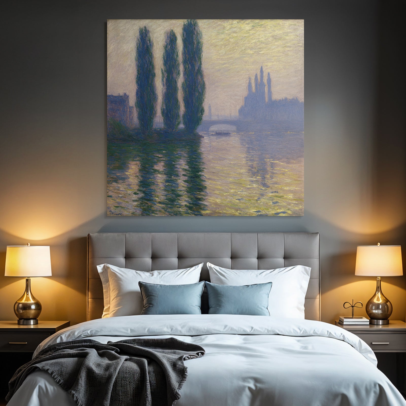 Nebelige Flusslandschaft Mit Drei Hohen Baeumen Und Brücke