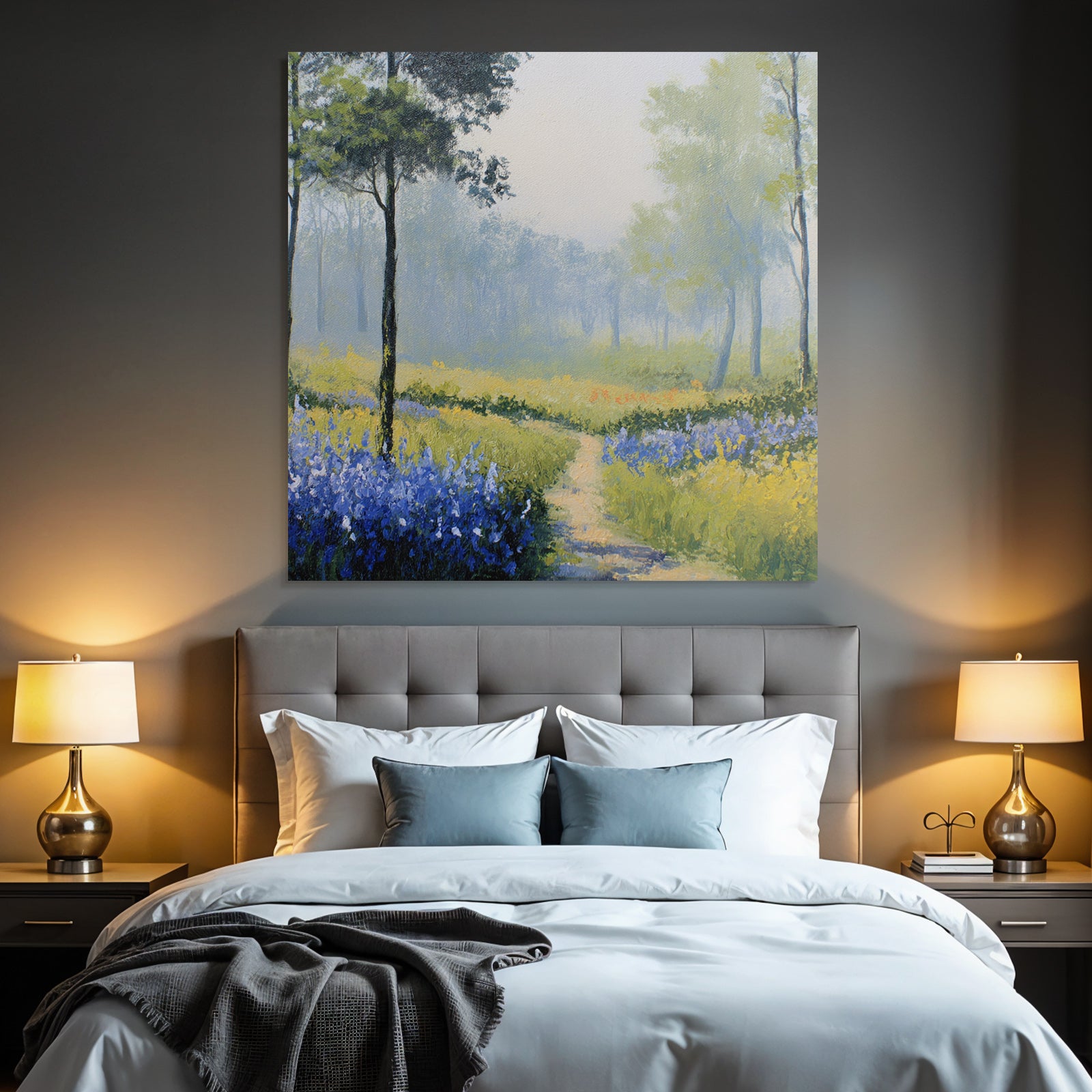 Waldweg Im Morgennebel Mit Bunten Blumen